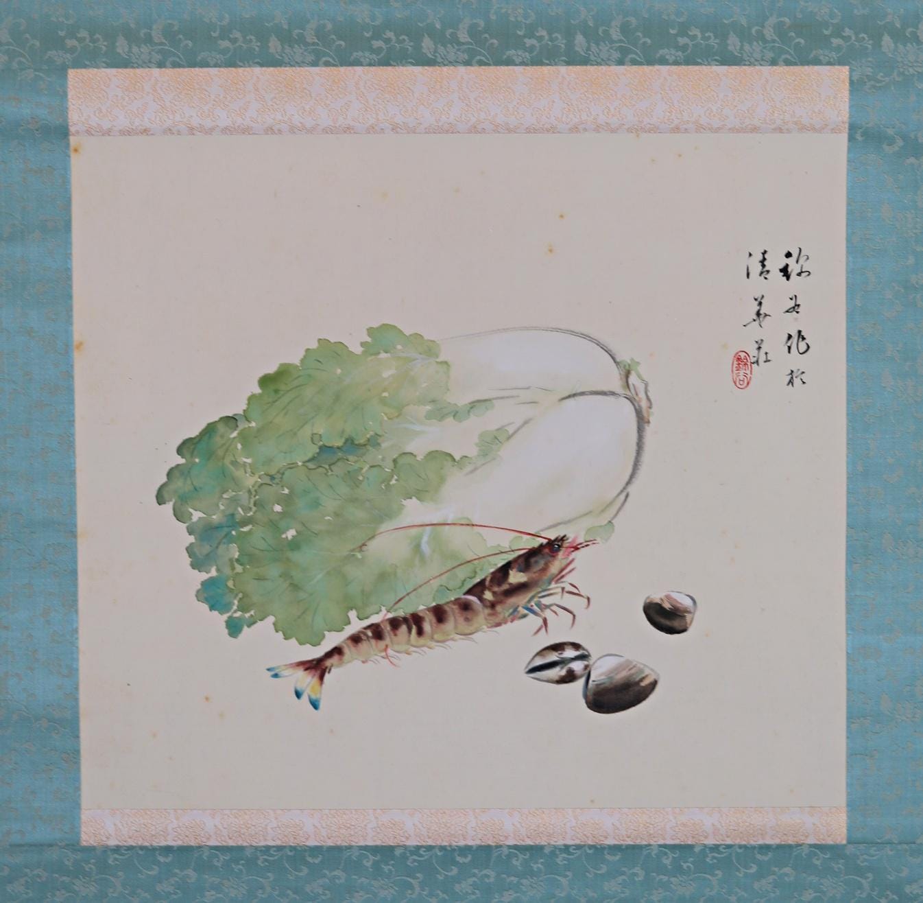 Japanese Hanging Scroll – Vintage Wall Art Shrimp & Vegetable Signed Kakejiku Scroll
