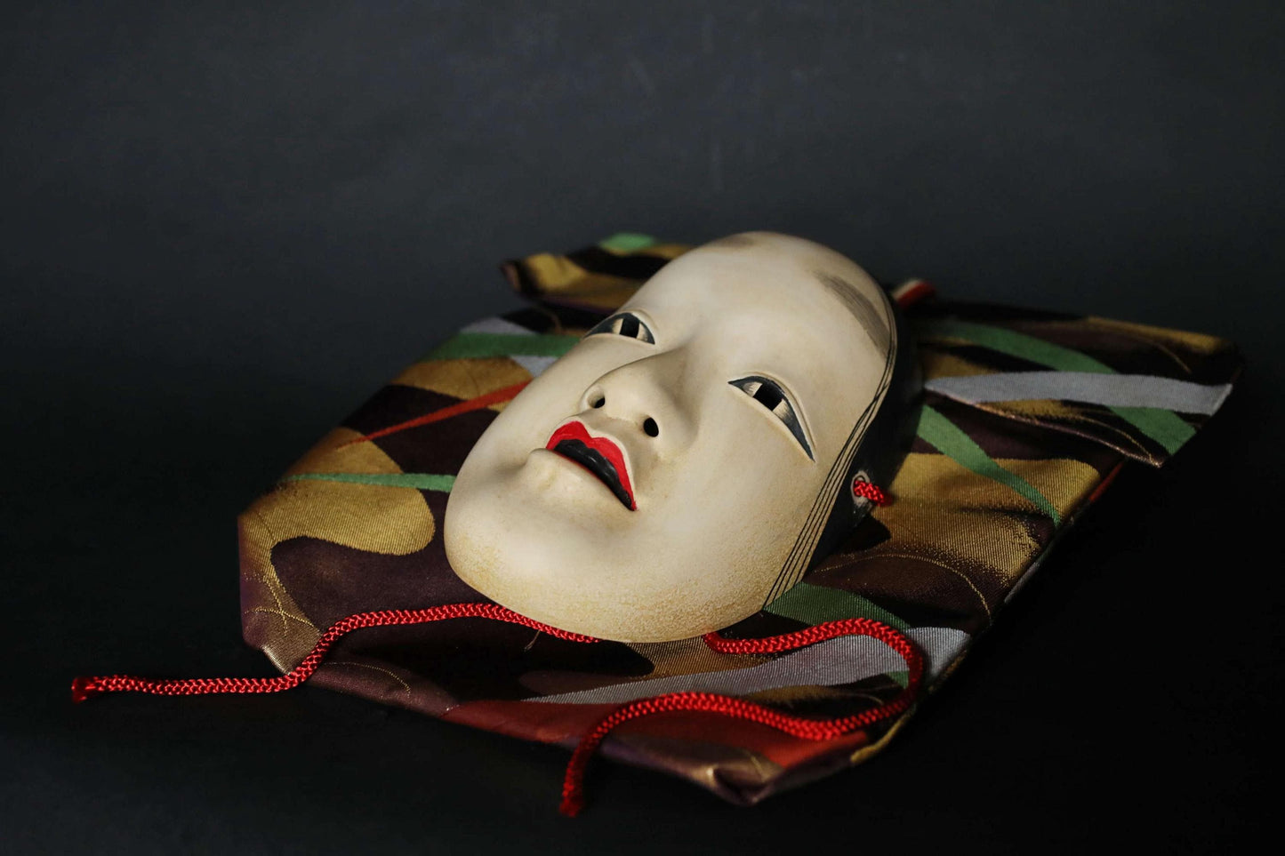 Japanese Noh Mask - Magojirō Signed Wood Carving | Elegant Wall Ornament with Silk Bag