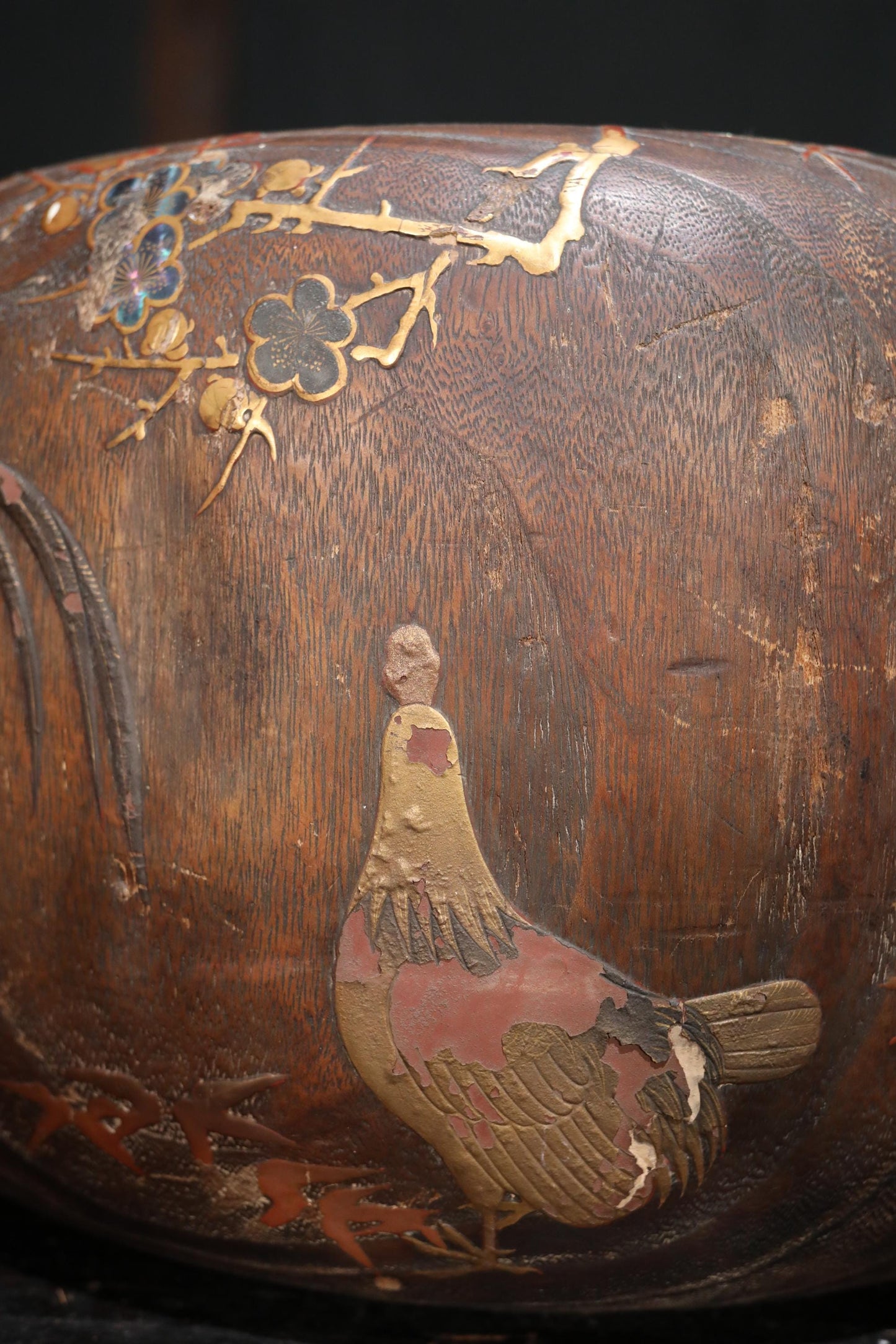 Antique Japanese Hibachi | Traditional Charcoal Brazier with Makie Quail & Plum Blossom Inlay
