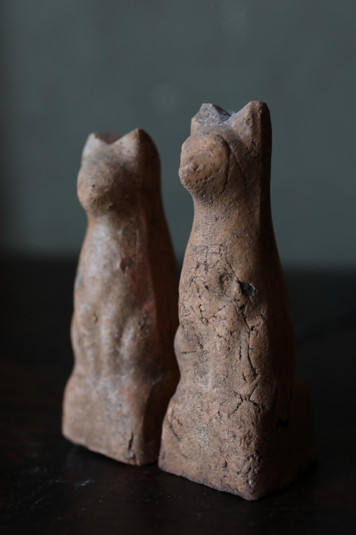 Japanese Antiques KITSUNE Dolls, Imado-yaki Pottery Pair (H3.7in)