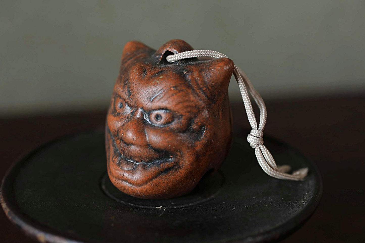 Japanese Oni Pottery Bell - Vintage Paperweight & Demon Talisman Ornament