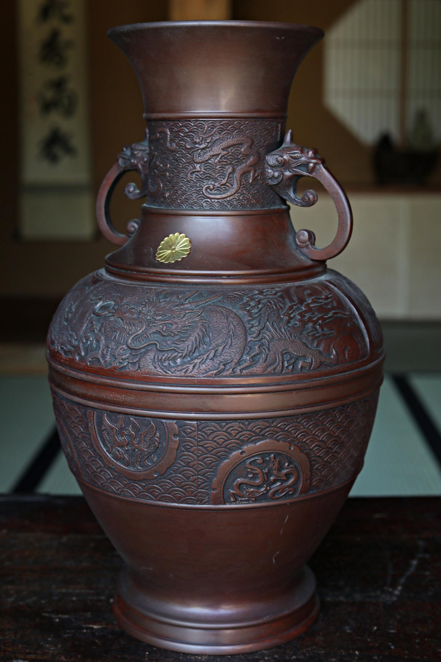 Japanese Bronze Vase – Vintage Dragon Phoenix Relief | Takaoka Copper Art 1950s