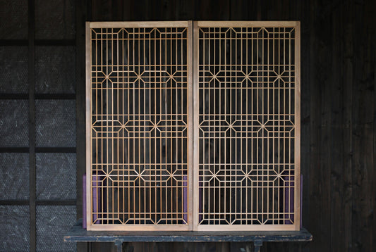 Vintage Shoji Screen ×2 - Kumiko Wood Panel Pair | Japandi Wall Art, Geometric Frame