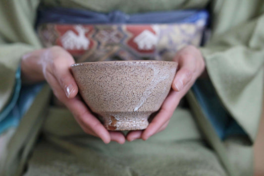 A person's hands holding a small, brown ceramic bowl with a patterned design.