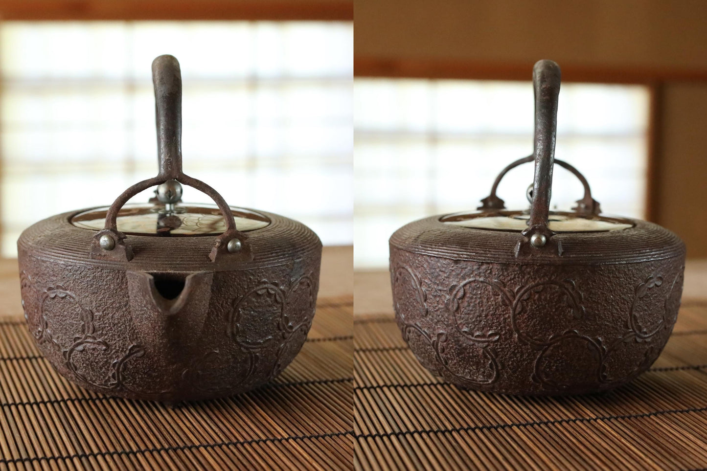 Cast Iron Sake Pot - Japanese Antique Ceremonial Vessel with Lacquered Lid & Myoga Crest