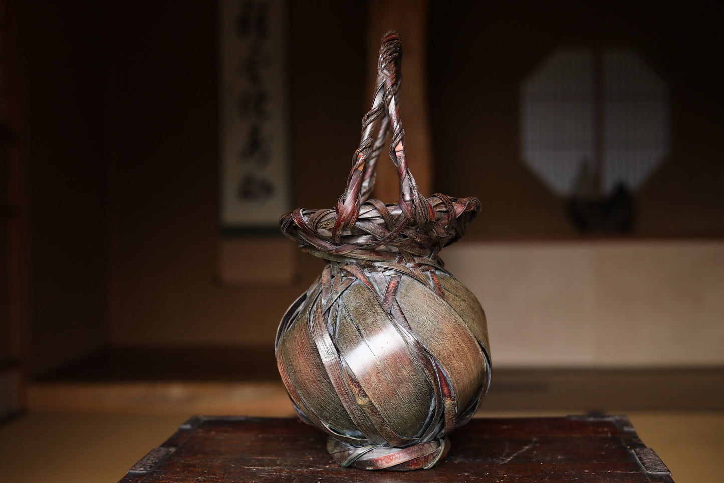 Vintage Bamboo Basket - Japanese Woven Ikebana Flower Container | Smoke Stained