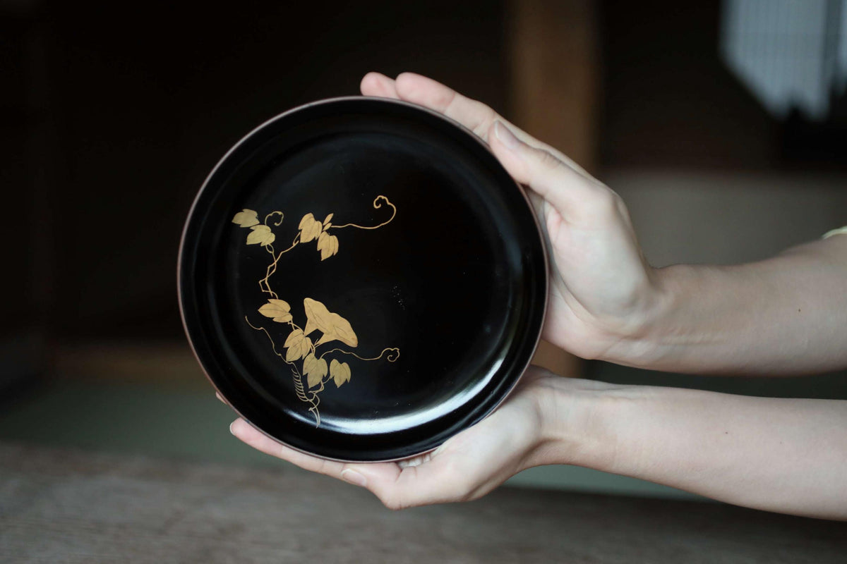 A person's hands holding a black plate with a gold design of leaves and vines.