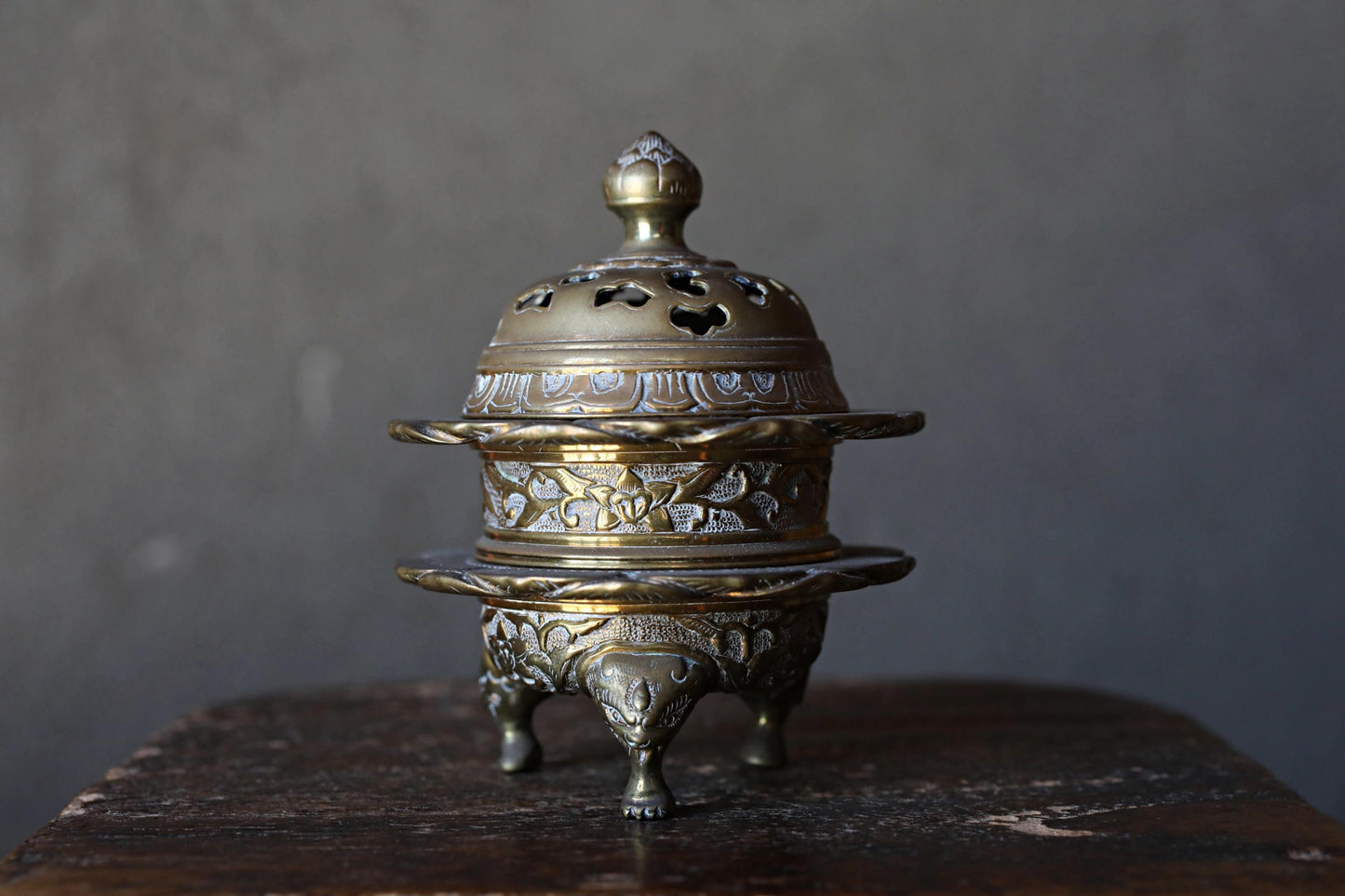 Antique Brass Censer - Buddhist Incense Burner With Lotus Flower Lid & Lion-Footed Design