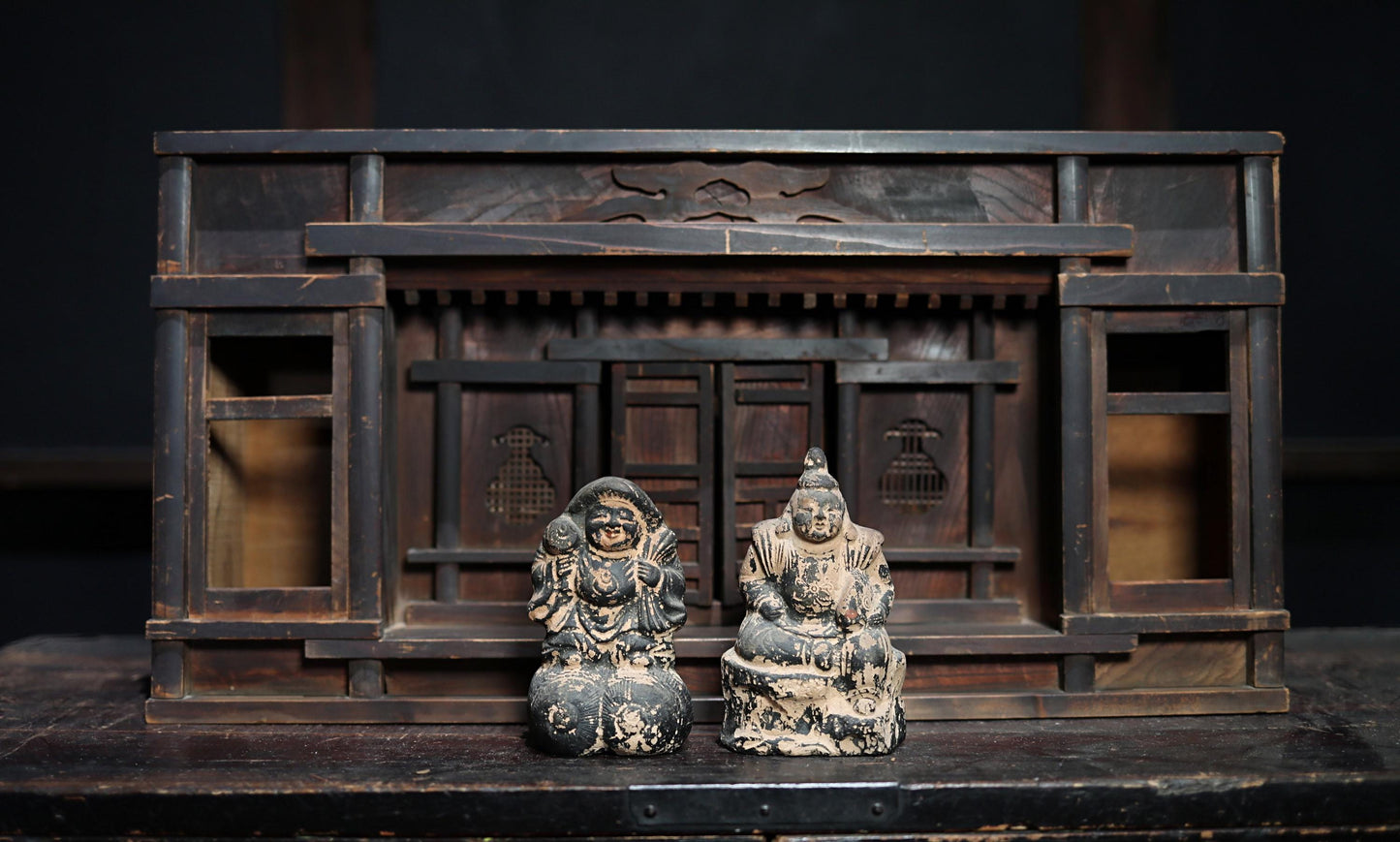 Japanese Zushi Cabinet Antique Kamidana Shelf – Shinto Shrine Altar With Ebisu And Daikoku Dolls