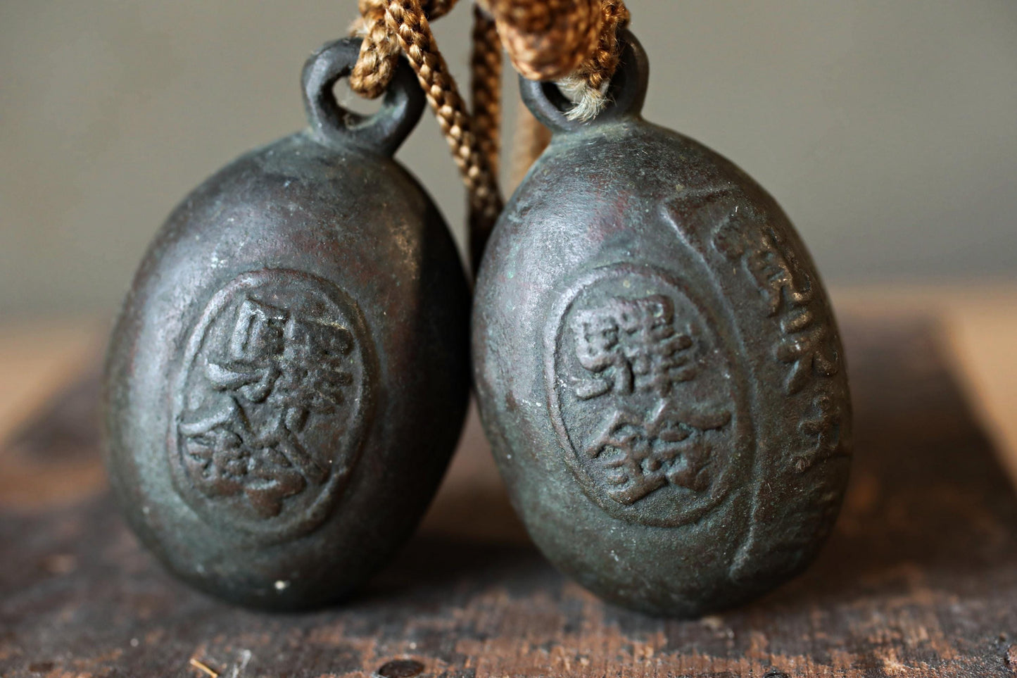 Japanese Bronze Bells - Vintage Bronze Bell Pair with Kanji Suzu for Entryway Display