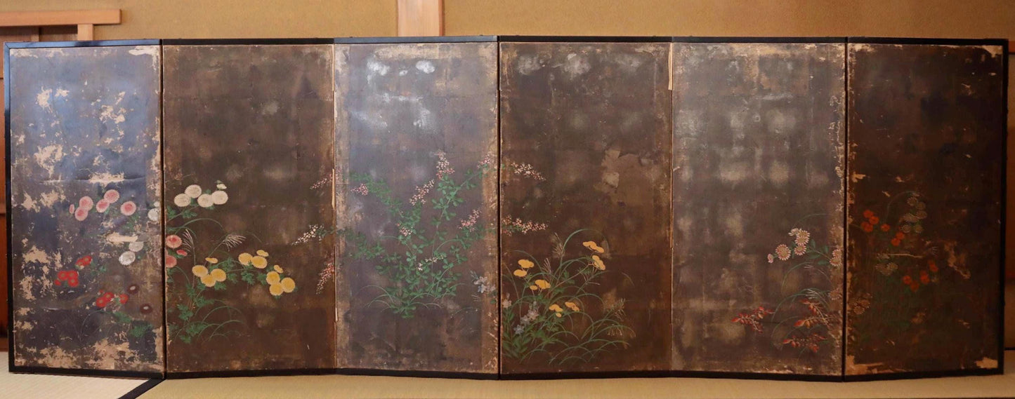 Japanese Antique Byobu Folding Screen - Tale of Genji Art, Gold & Silver Leaf, 17th Century Paravent