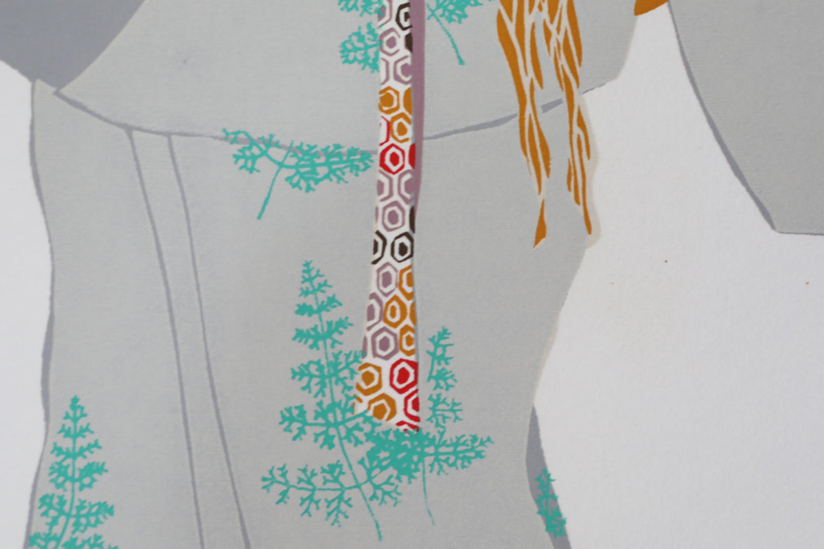 The image is a collage of various abstract and geometric shapes, including a tie with a floral pattern, and other colorful and organic elements.