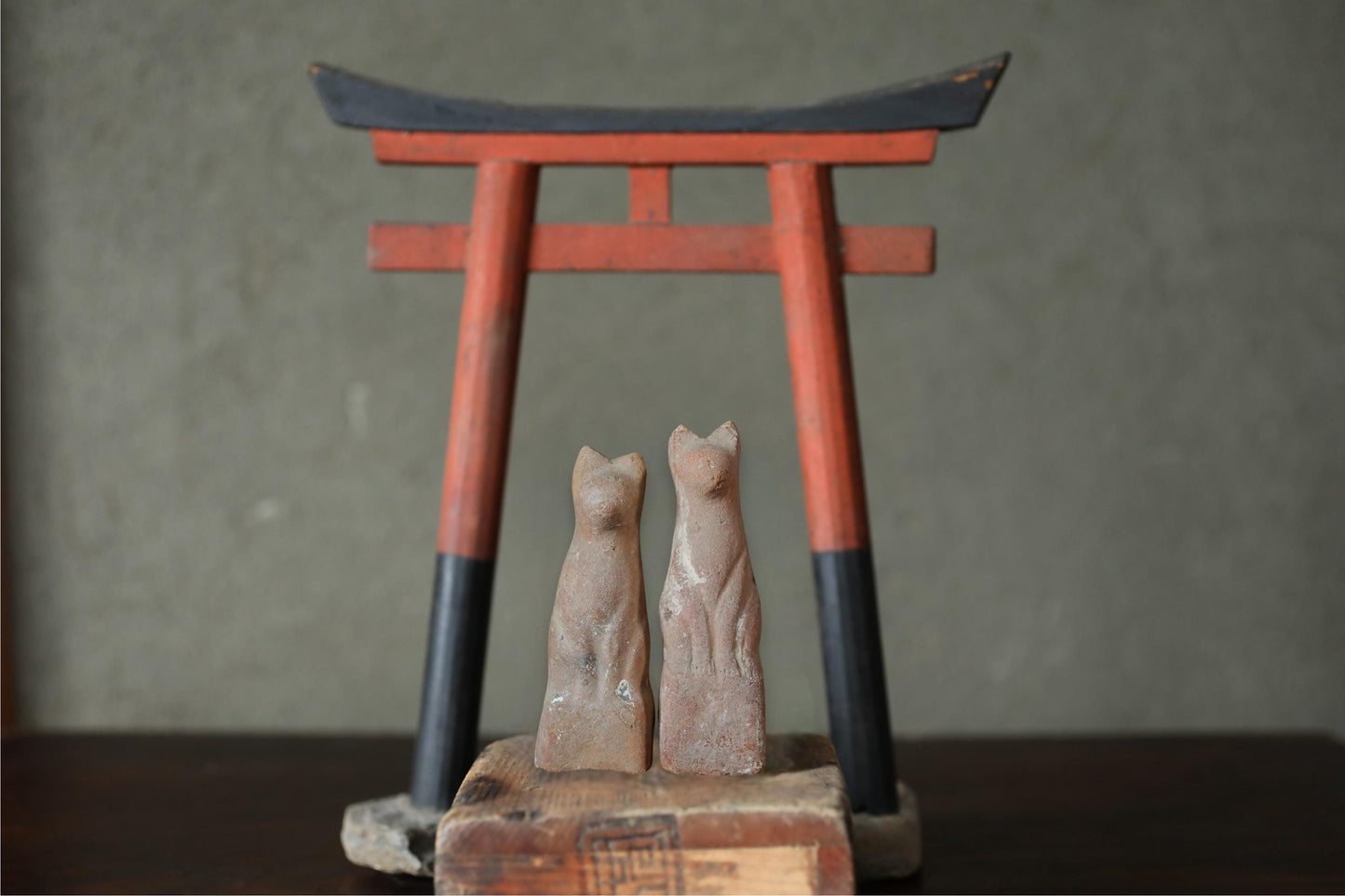 Antique Kitsune Dolls - Imado-yaki Pottery Pair | Japanese Guardian Foxes, Rustic Edo Period Collectibles