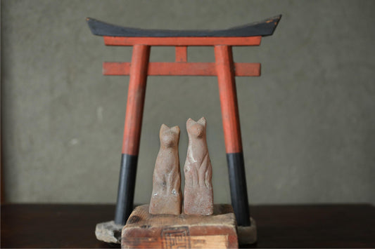 Antique Kitsune Dolls - Imado-yaki Pottery Pair | Japanese Guardian Foxes, Rustic Edo Period Collectibles