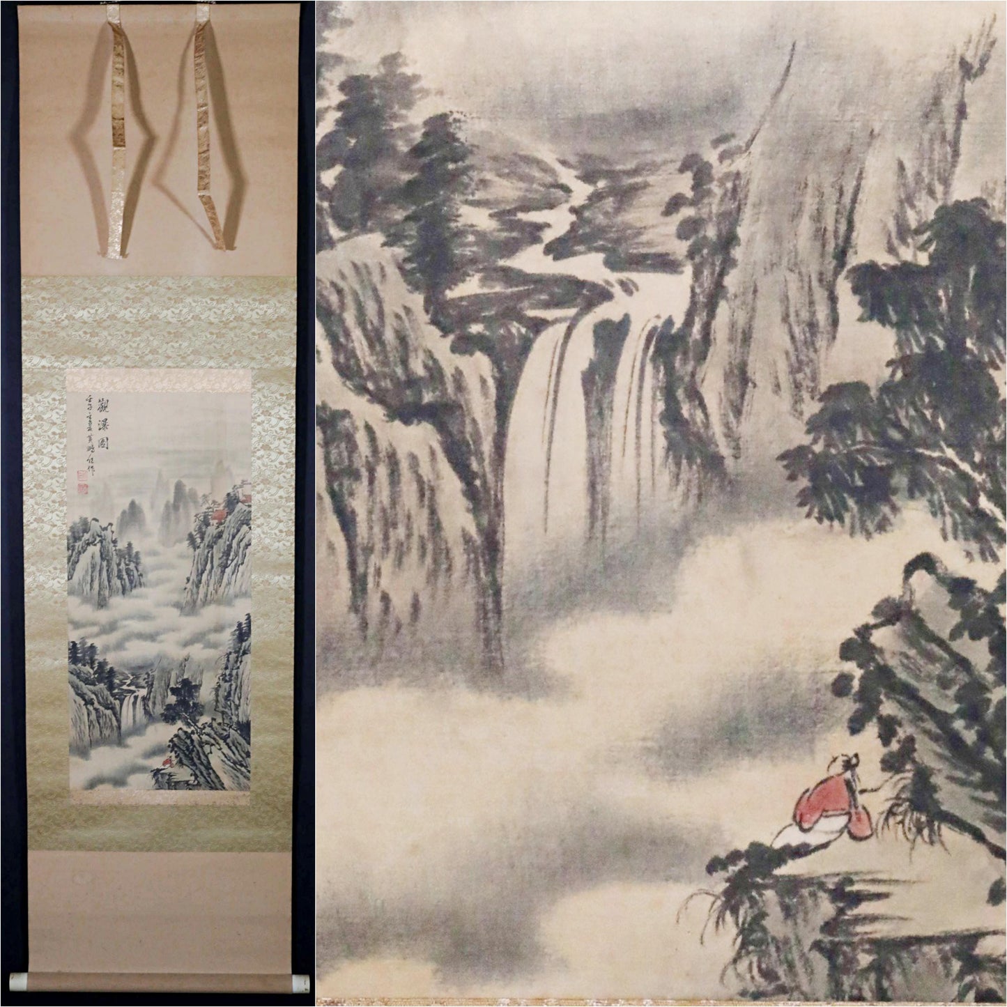 Japanese Ink Painting Scroll – Vintage Signed Kakejiku Silk Paper Art, Mountain Landscape