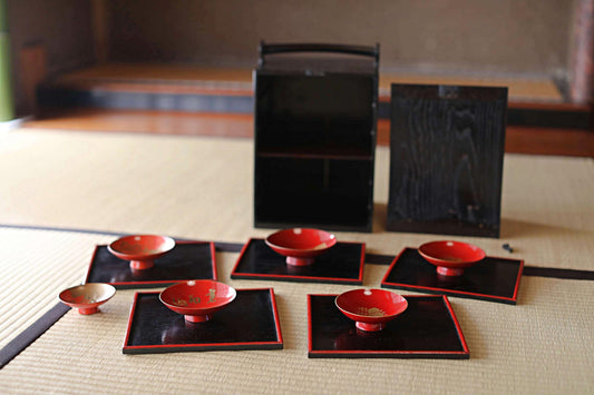Japanese Lacquer Trays - Set of 5 Antique Wooden Trays with Black Obon Box