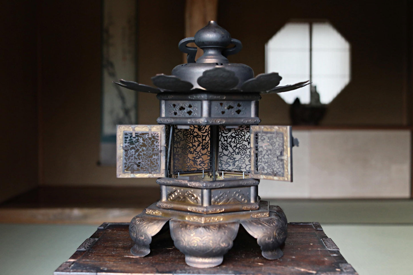 Japanese Antique Lantern - Bronze Hanging Hexagonal Temple Lantern with Lotus Fretwork Design