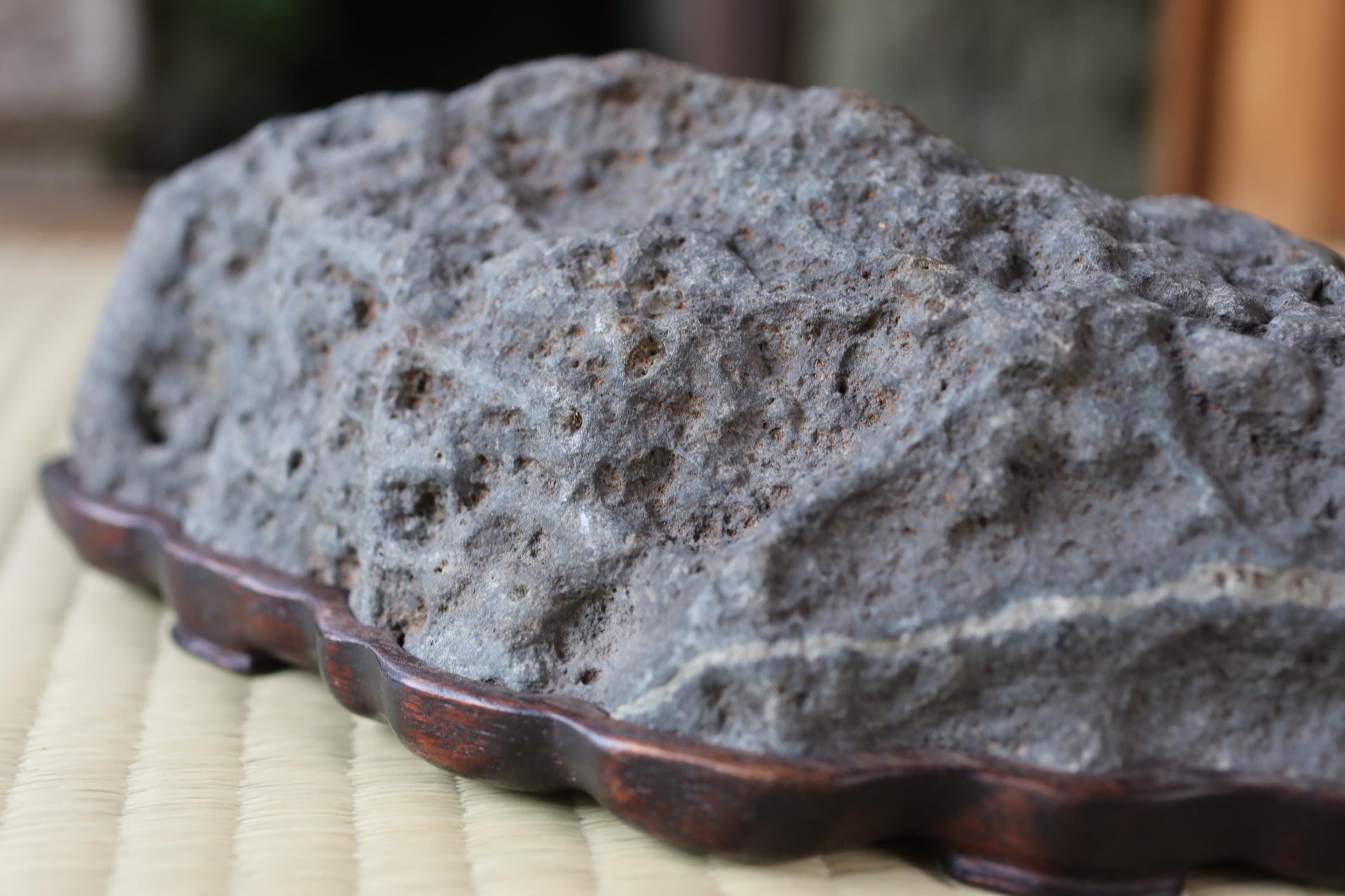 A close-up image of a large, gray rock with a rough, uneven surface, resting on a wooden base.