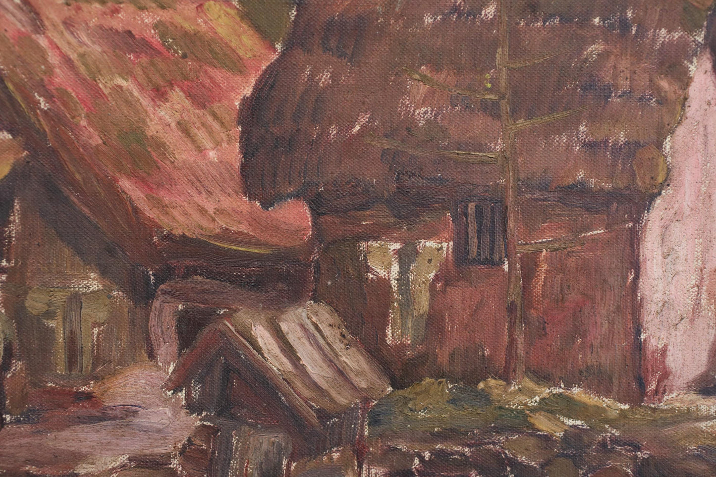 The image is an oil painting depicting a rural scene with a thatched roof structure, possibly a barn or a house. The painting has a warm, earthy color palette with visible brushstrokes and a textured appearance, giving it a rustic and traditional feel.