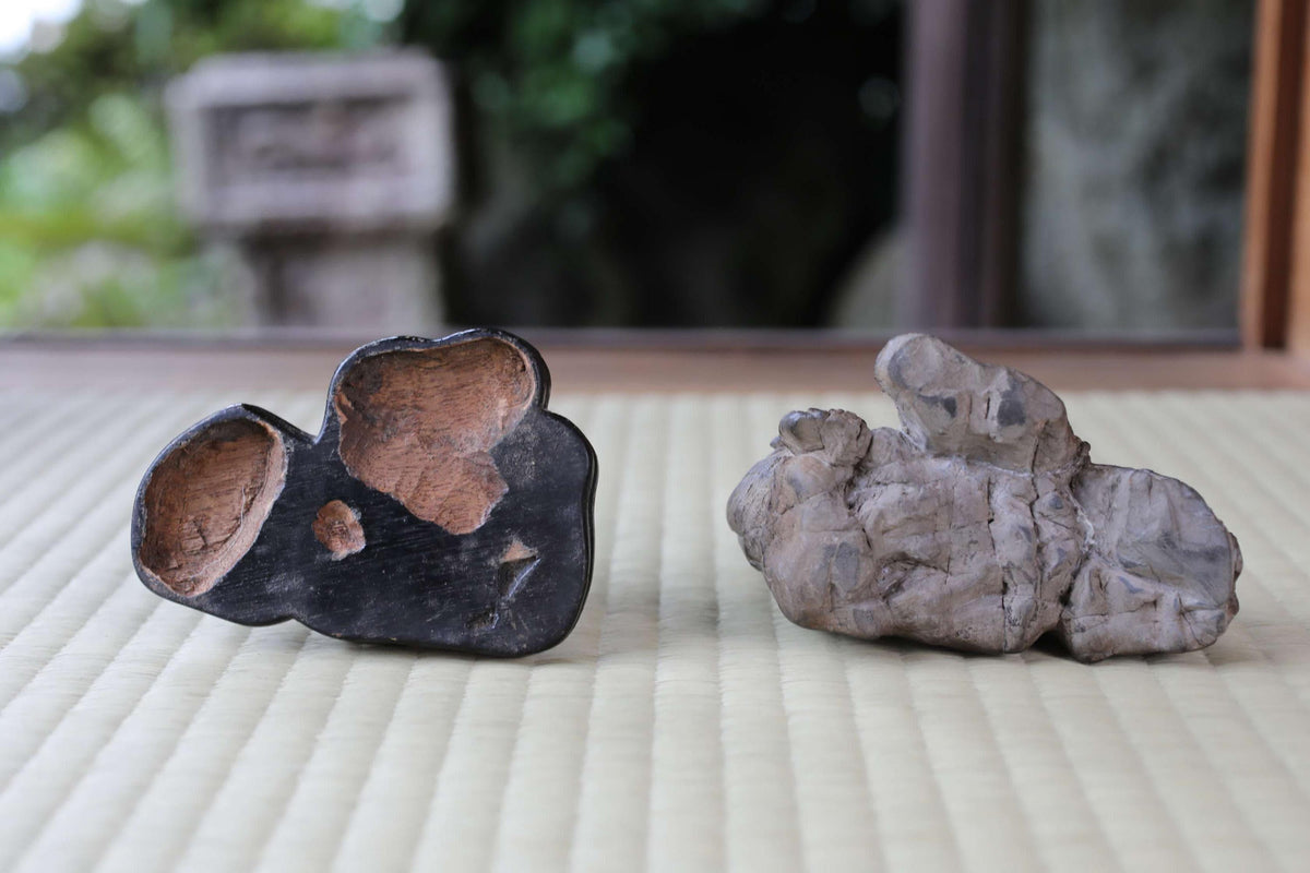 two distinct rocks, one black and one gray, placed on a textured surface.