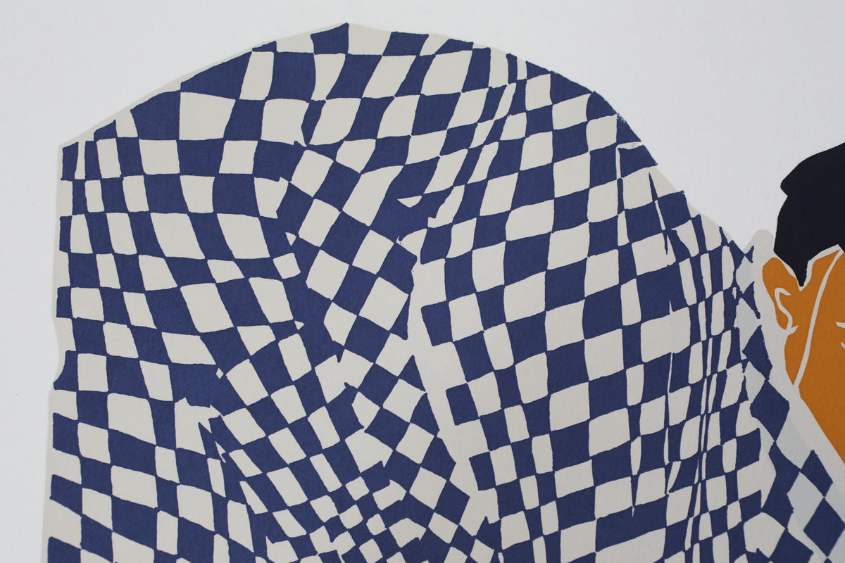 a close-up view of a patterned fabric or textile with a checkered or diamond-shaped design in shades of blue and white.