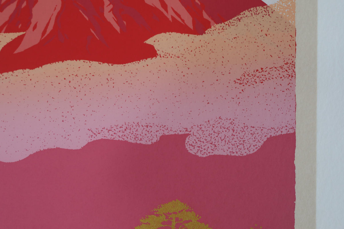 The image is a vibrant, abstract artwork featuring a mix of red, pink, and orange hues, with a textured, speckled appearance. The artwork appears to be a collage of various images, creating a visually striking and dynamic composition.