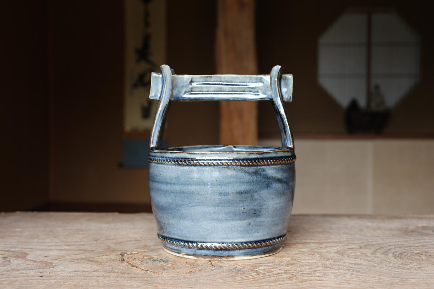 Japanese Vintage Flower Vase - Kiyomizu-Yaki Pottery Indigo Ceramic Teoke Design