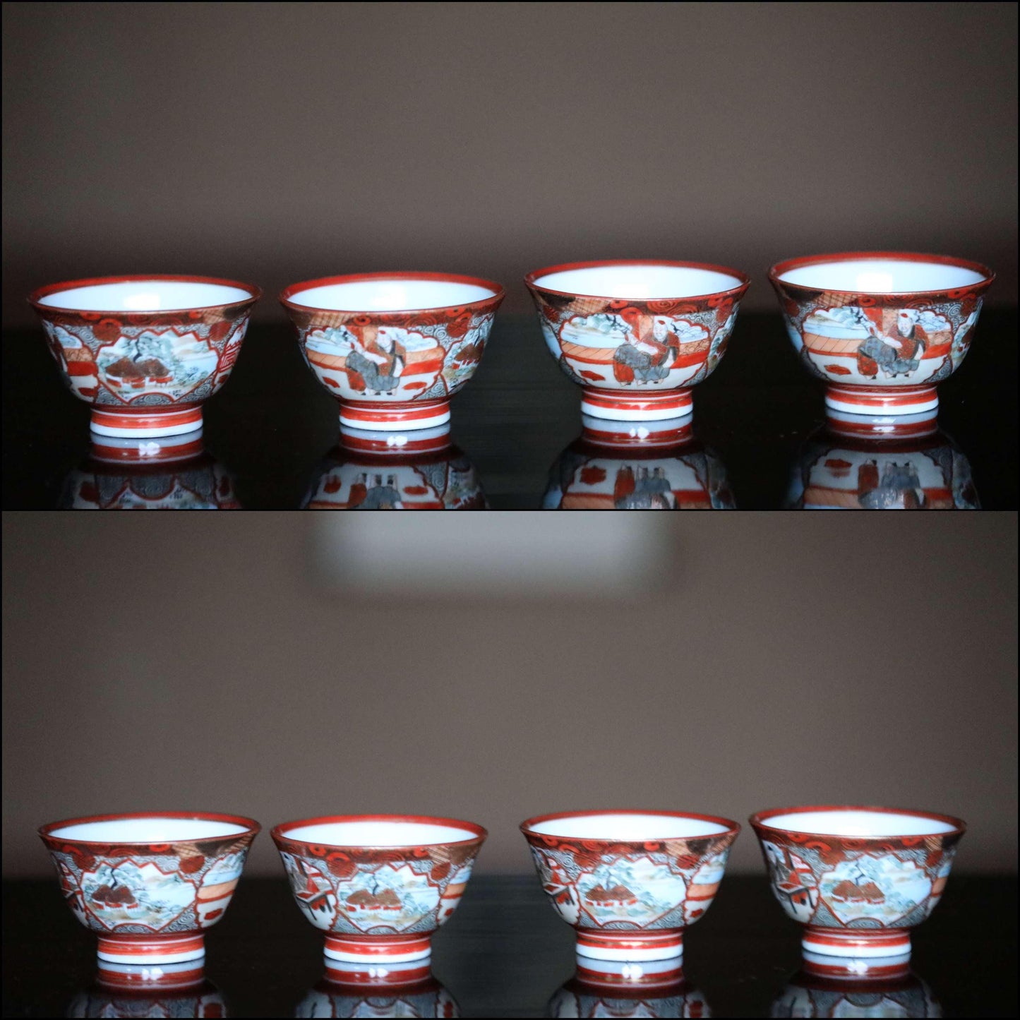 Kutani Tea Set - Vintage Japanese Ceramic Cups With Red Gold Tableware & Gold Ring Pot