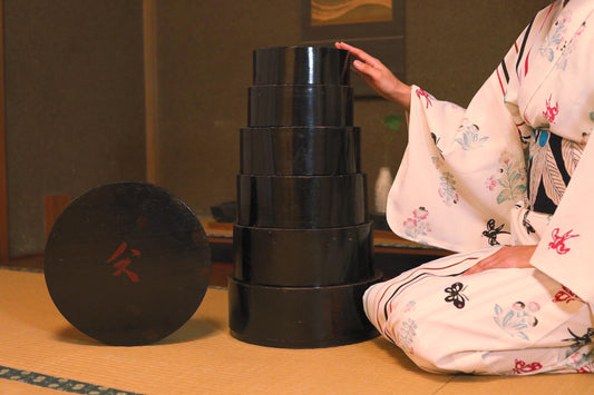 Japanese Antique Nesting Boxes - Black Lacquered Round Wood Storage Set with Kanji Mark