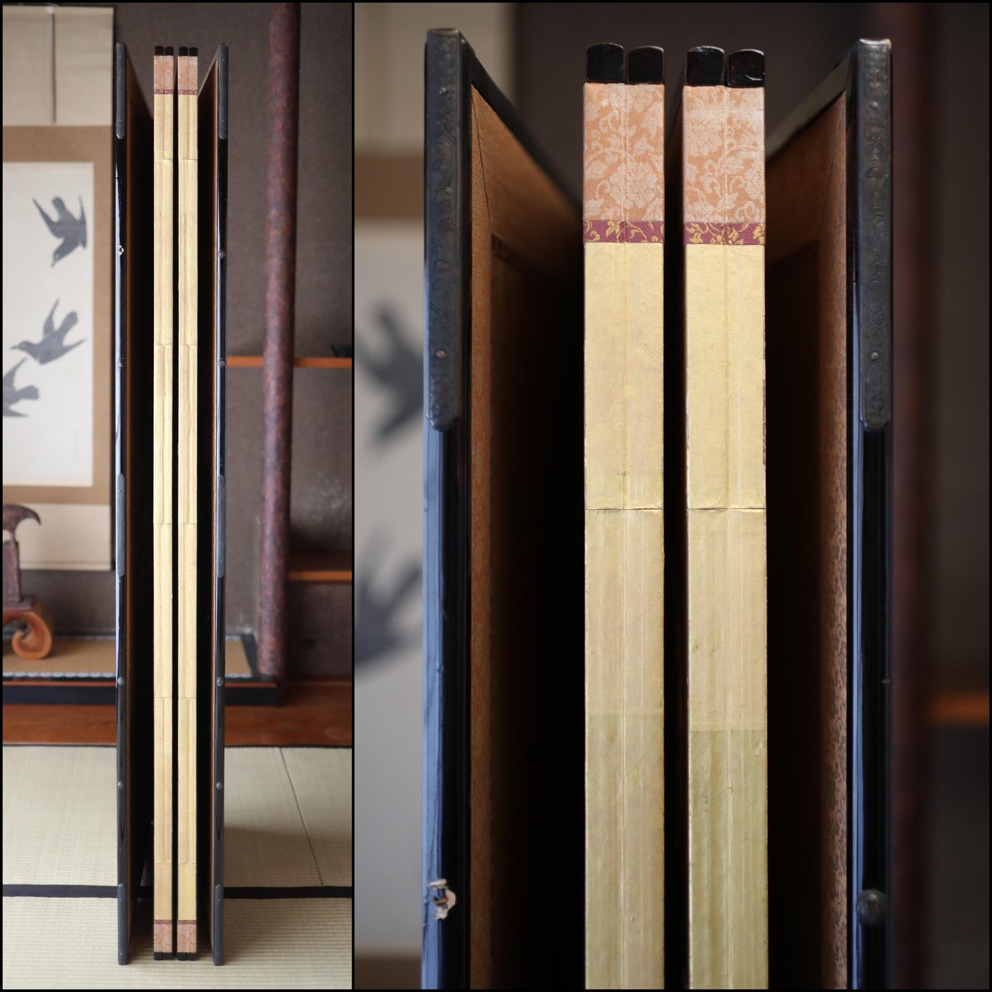 The image is a collage of three photos featuring a pair of wooden doors with decorative elements. The first photo shows the doors in a vertical orientation, the second photo shows the doors in a horizontal orientation, and the third photo shows the doors in a vertical orientation with a decorative element on the top.