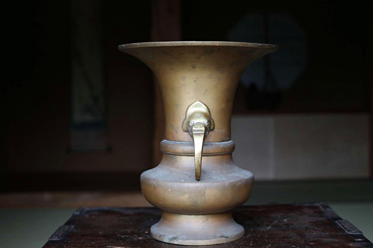 Antique Japanese Brass Vase – Buddhist Temple Ikebana Vessel with Detachable Lion Handles