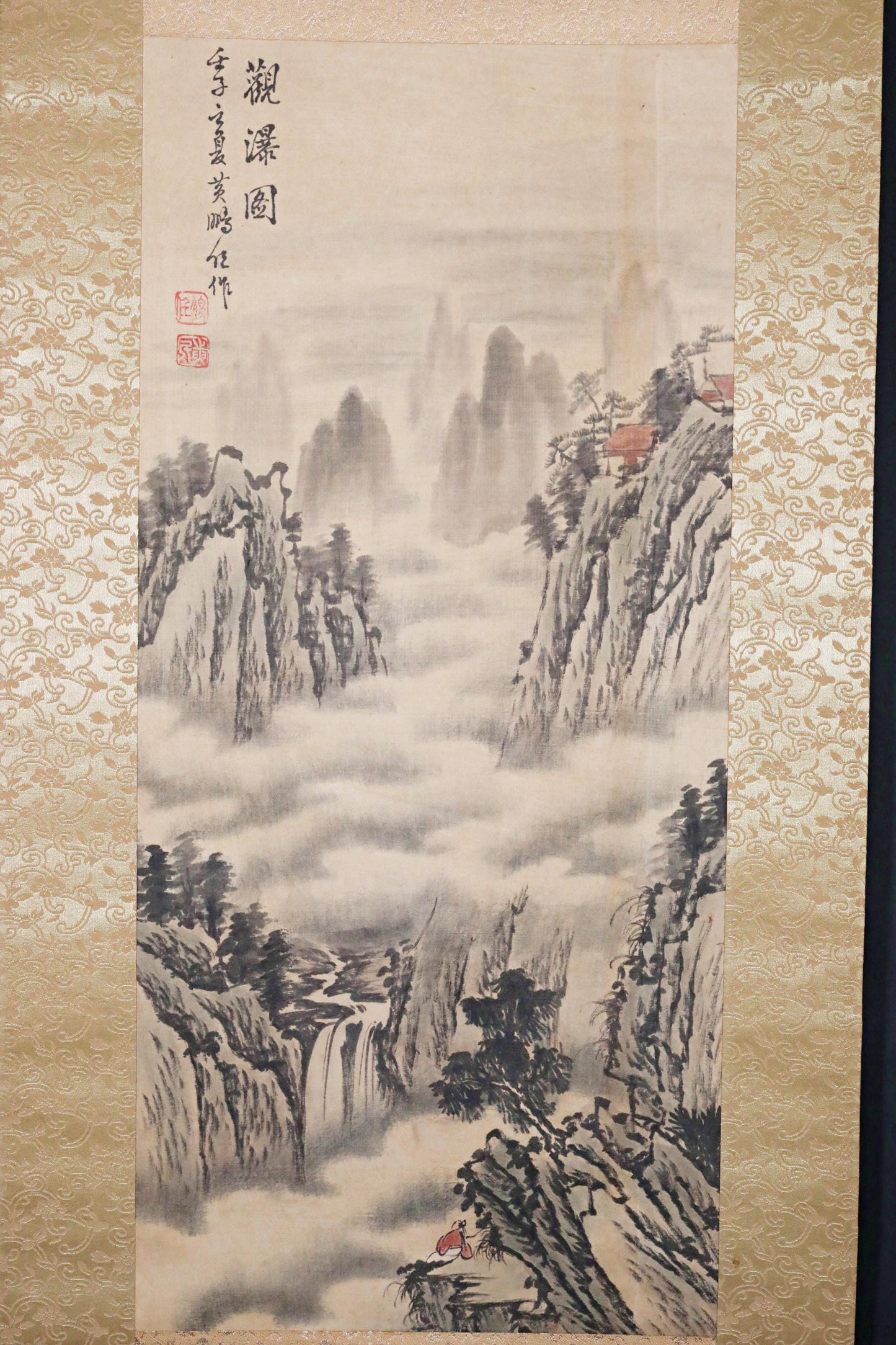 Japanese Ink Painting Scroll – Vintage Signed Kakejiku Silk Paper Art, Mountain Landscape