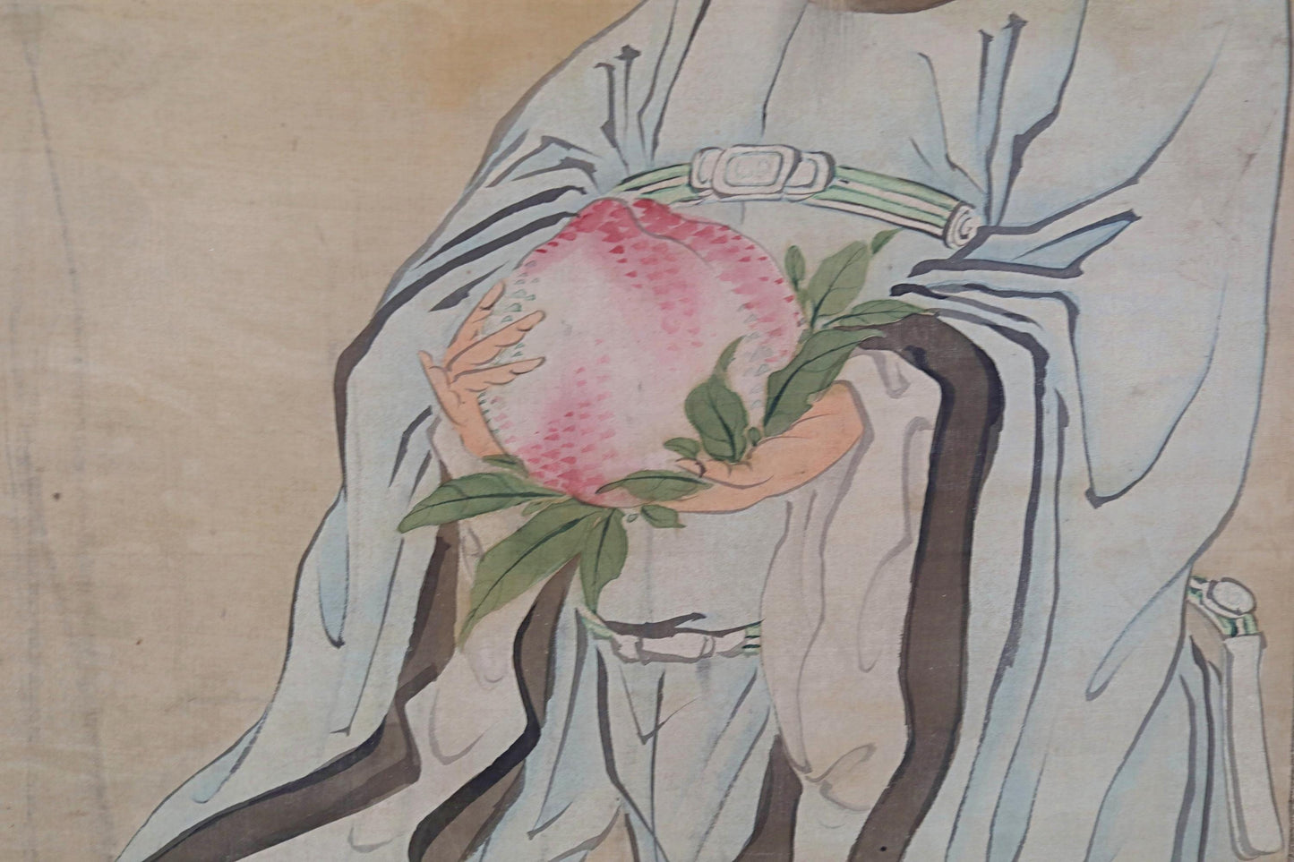 Japanese Antique Scroll - Signed Kakejiku Hermit Zen Painting With Peach Symbol