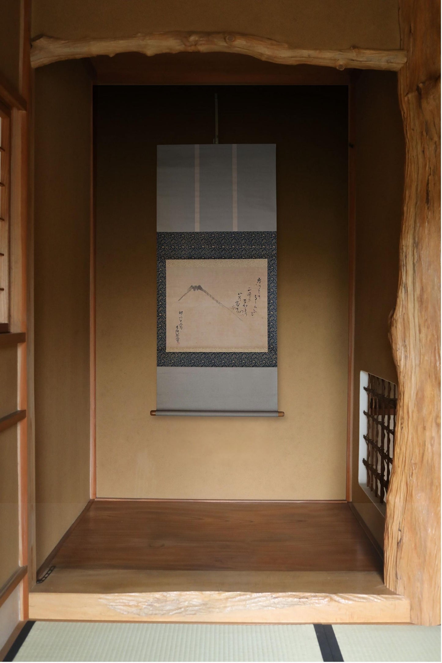 Antique Japanese Zen Scroll – Mt Fuji Ink Painting with Kanji Calligraphy & Bamboo Rollers