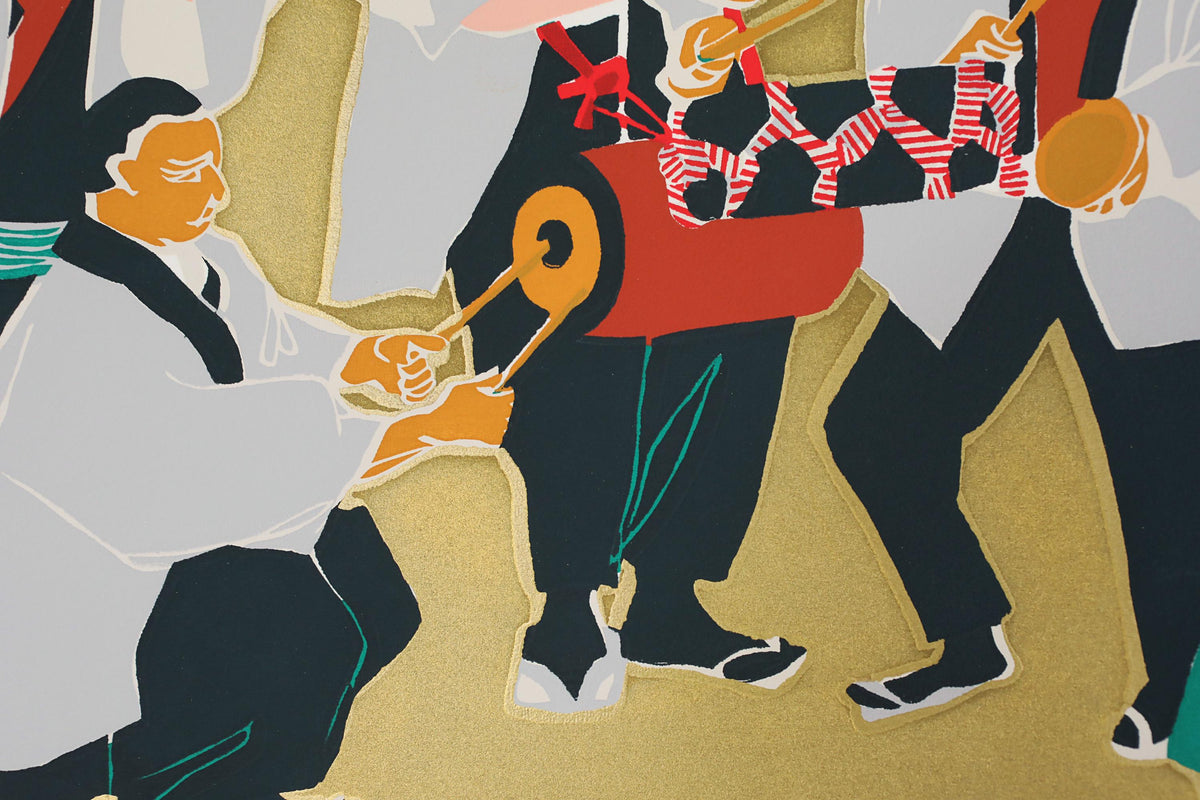 The image is a collage of various stylized figures, including a person playing a drum, another person holding a drum, and a person holding a drum with a red and white striped pattern. The figures are depicted in a stylized, abstract manner, with bold colors and dynamic poses.