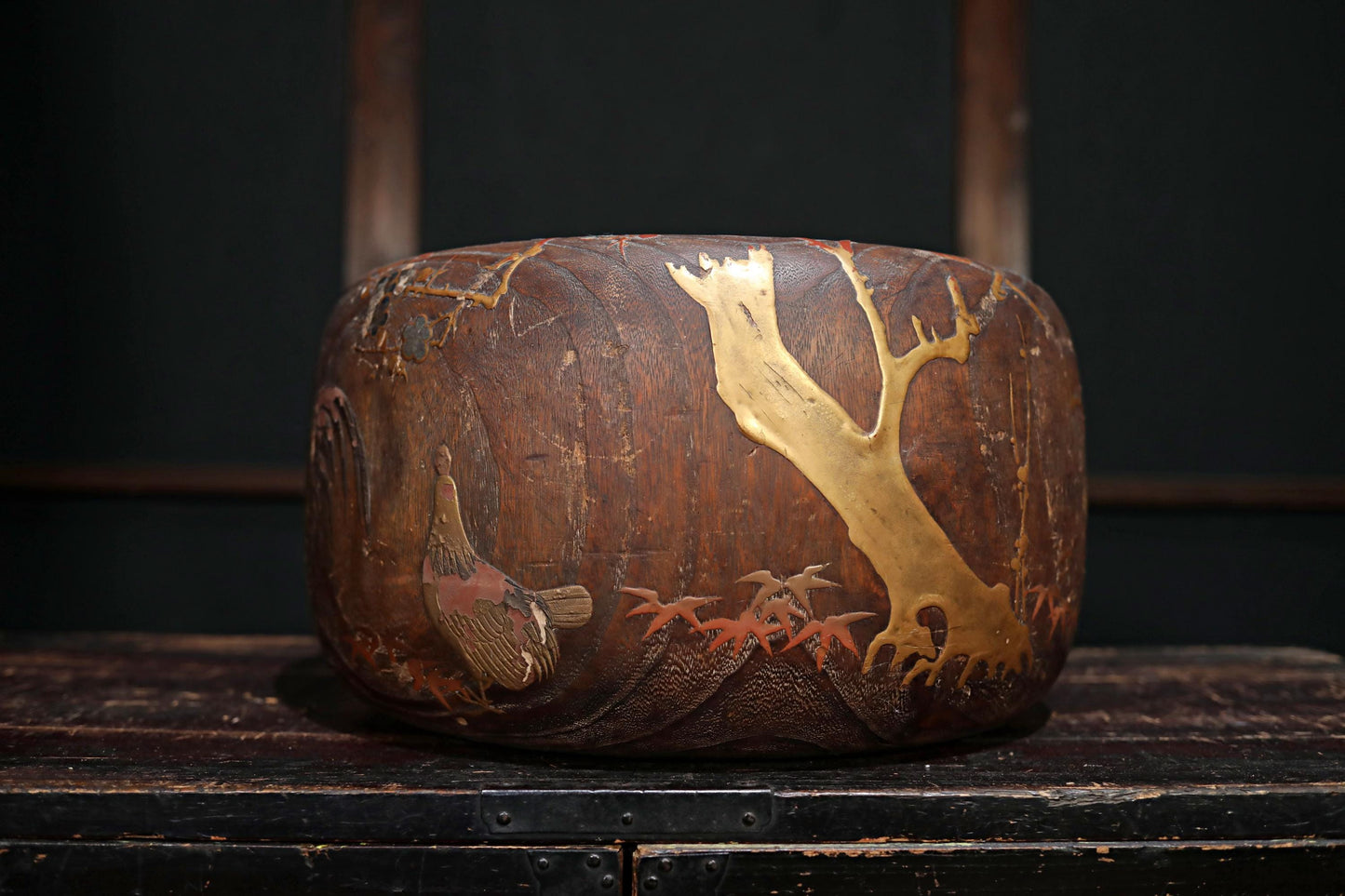 Antique Japanese Hibachi | Traditional Charcoal Brazier with Makie Quail & Plum Blossom Inlay