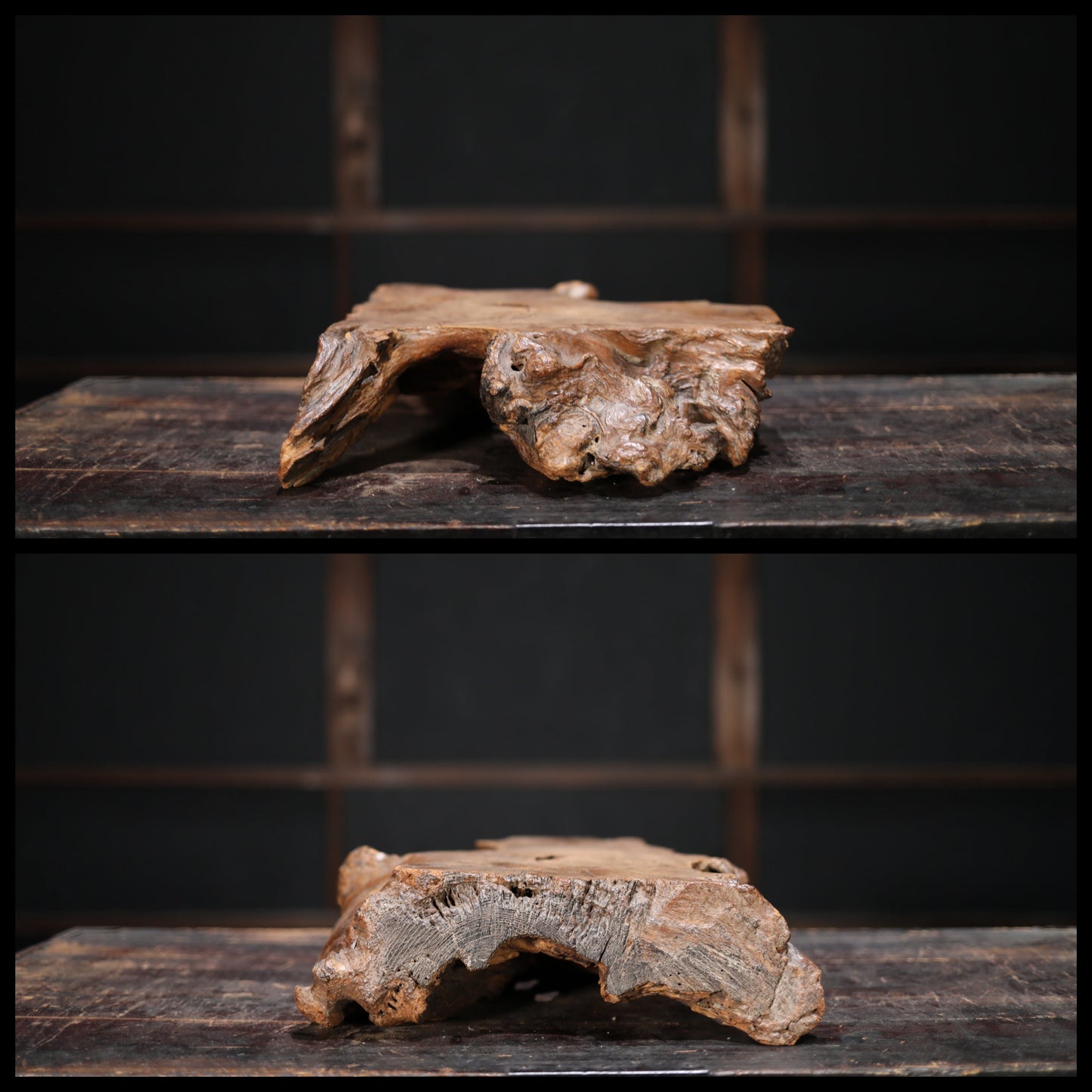 Wood Burl Display Stand - Japanese Antique Pedestal With Large Wood Slab Base