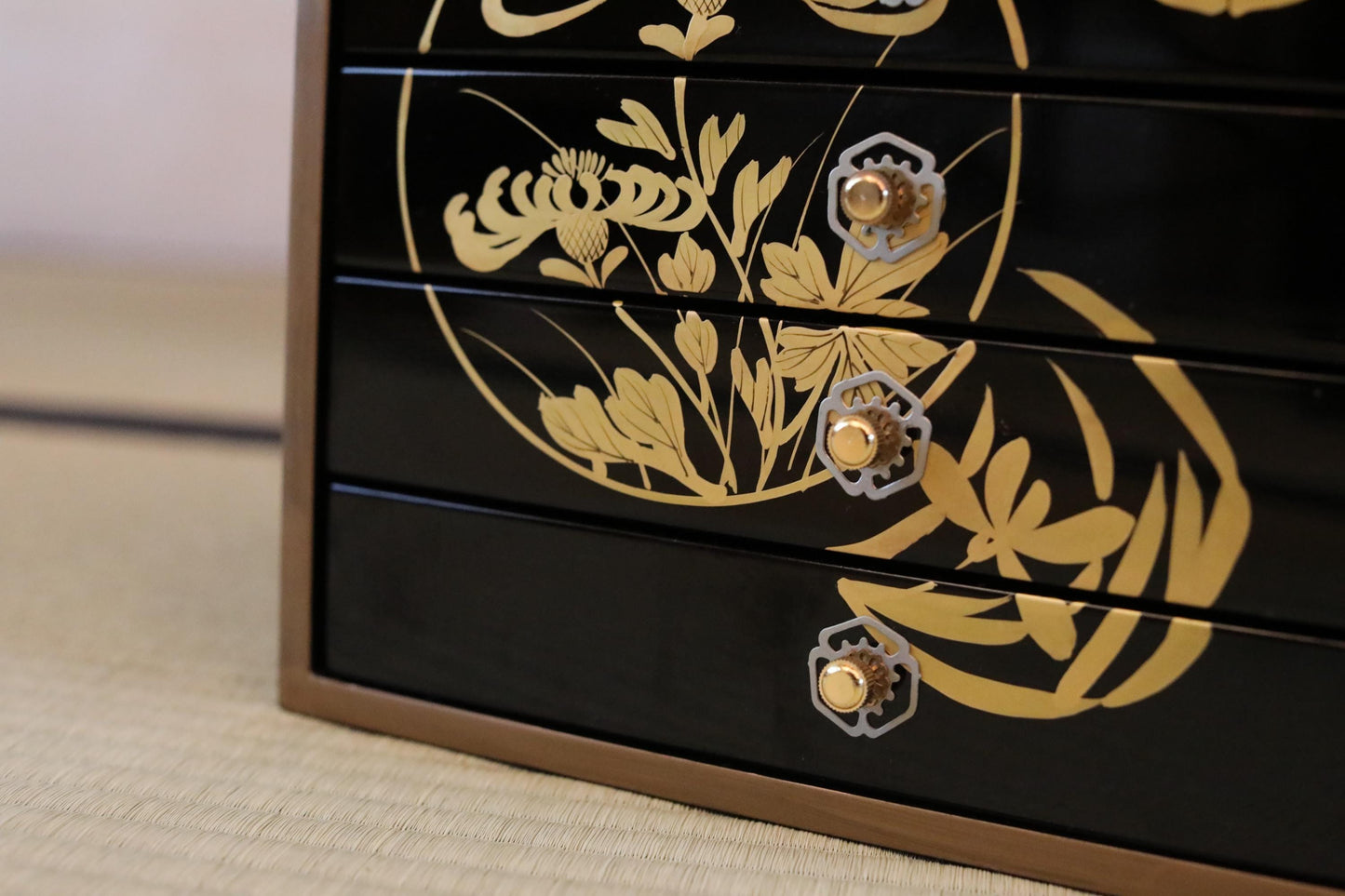 Vintage Tansu Chest - Black Lacquer Chest With Gold Makie Design | Five Drawer Japanese Antique Furniture