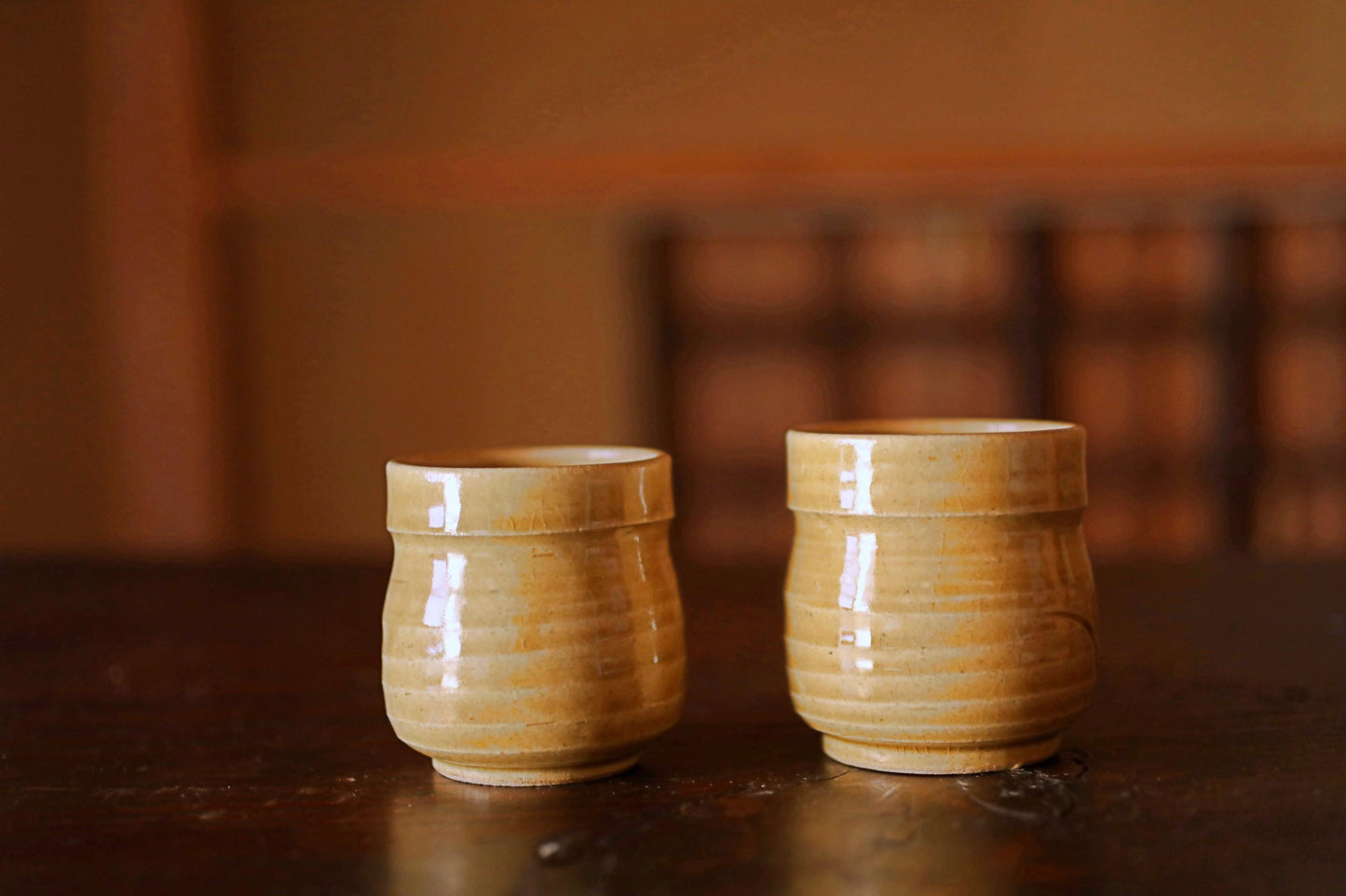 Japanese Tea Cup Pair - Vintage Ki-Seto Pottery Set | Handmade Mino Ware Ceramics