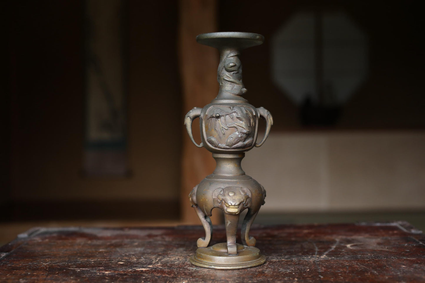 Antique Brass Candlestick Japanese Animal Motif Cast Metal Pillar Candle Holder
