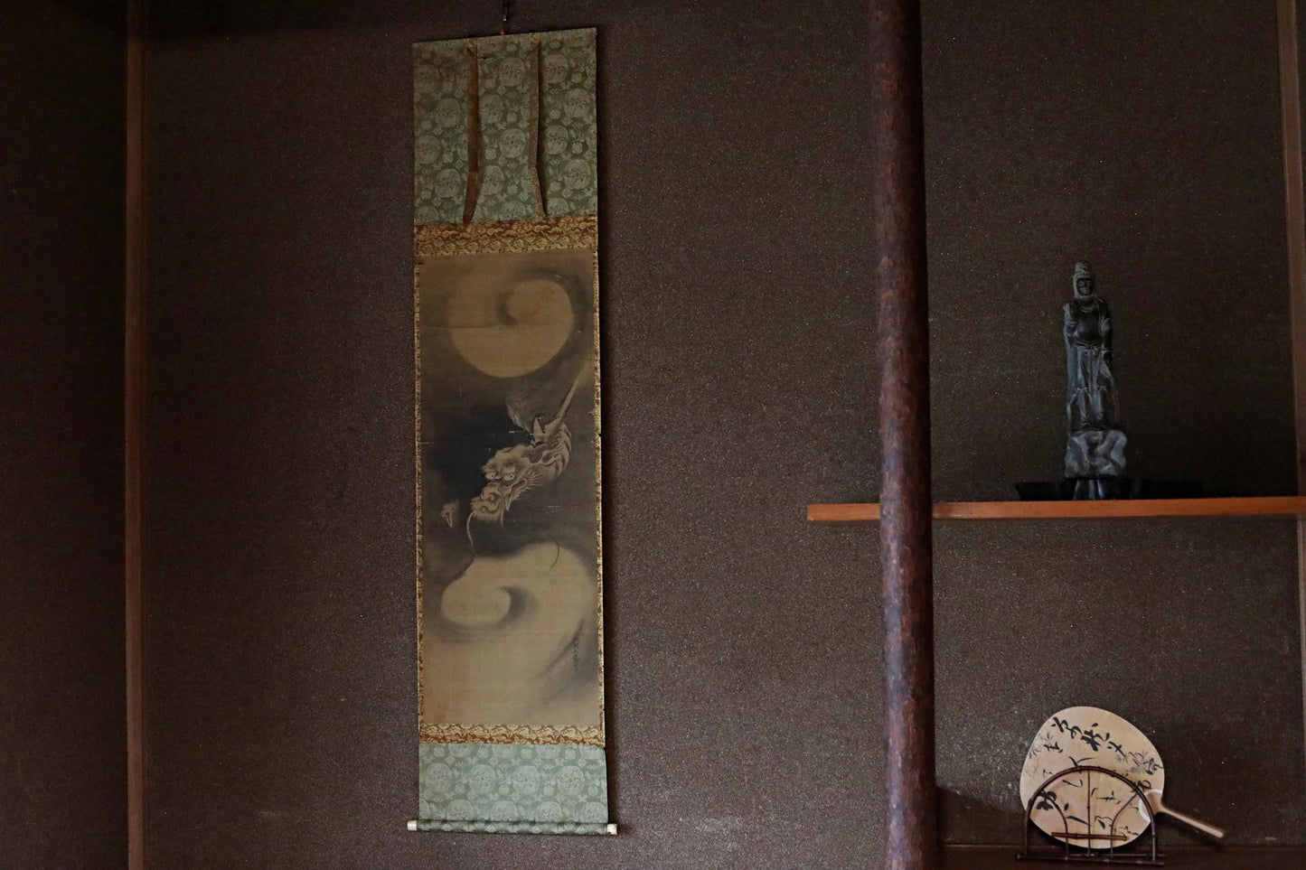 Antique Japanese Dragon Scroll – Edo Period Art | Rising Dragon Painting on Silk Brocade
