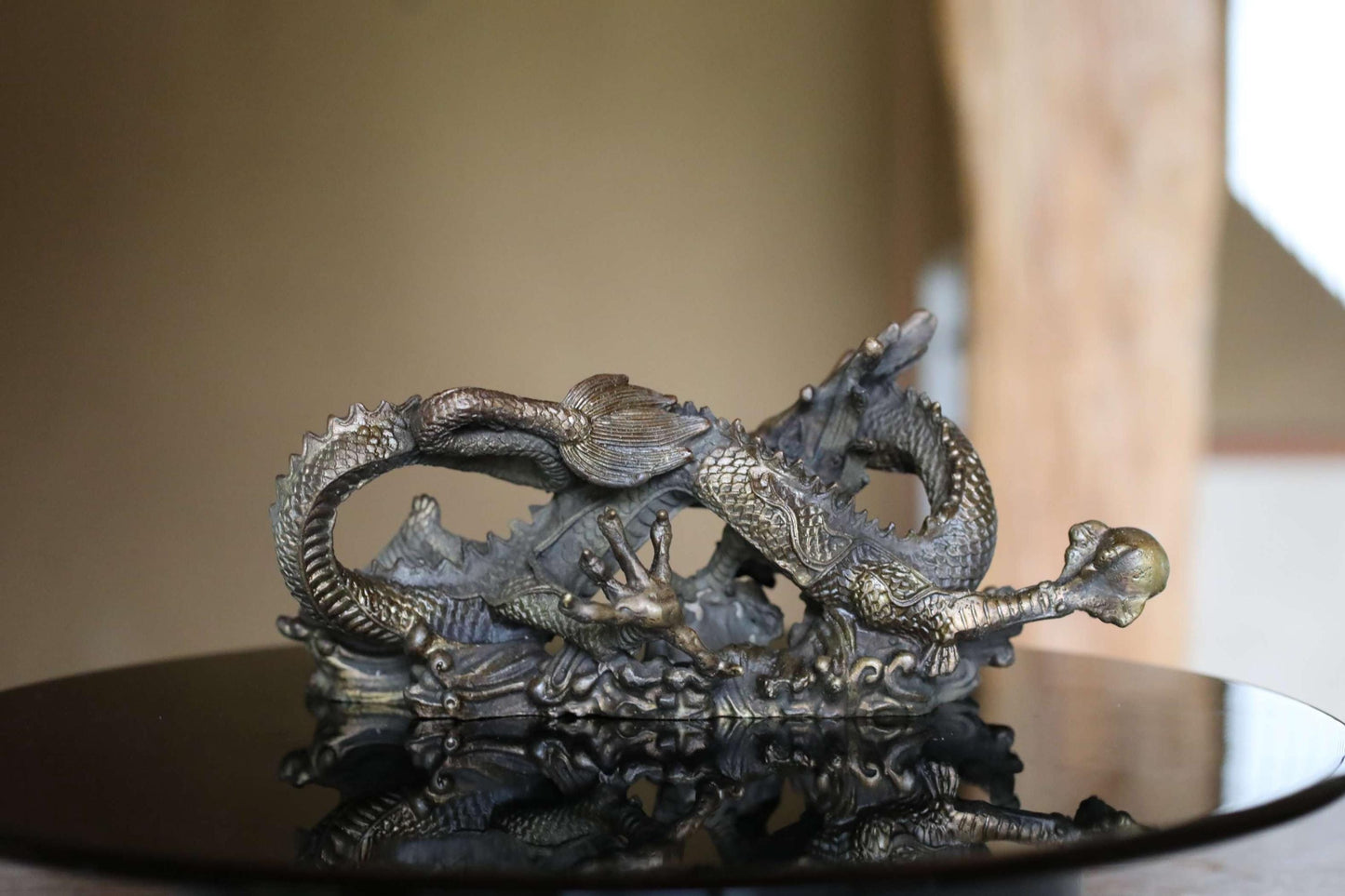 Japanese Dragon Statue - Bronze Dragon Figurine With Crystal Ball, Feng Shui Decor