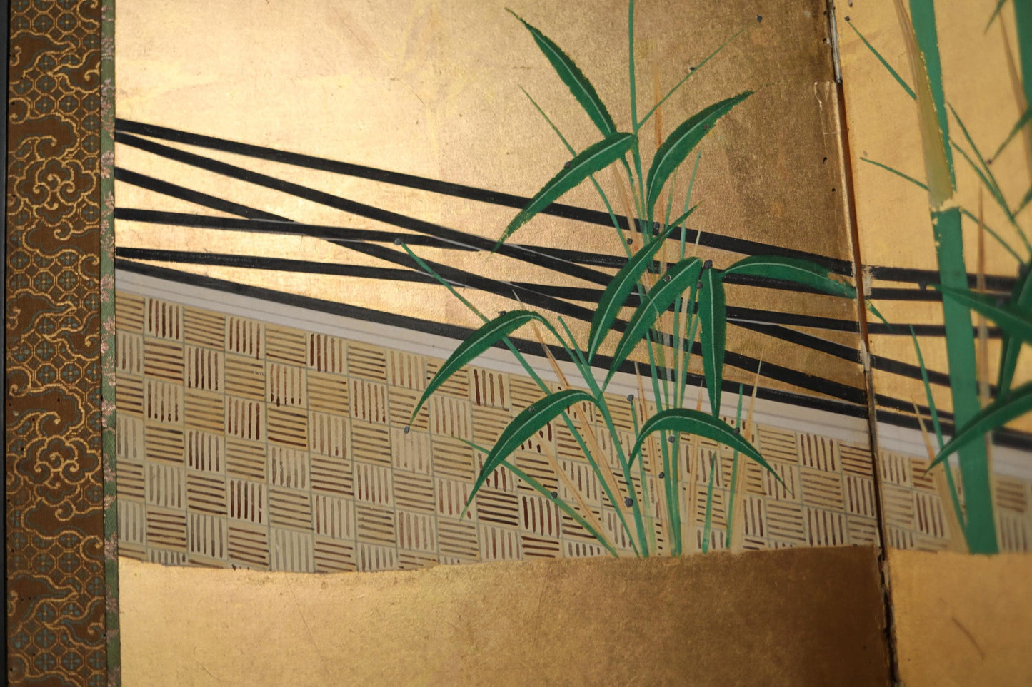 Japanese Gold Leaf Screen - Antique Edo Period Folding Byobu With Bamboo Painting