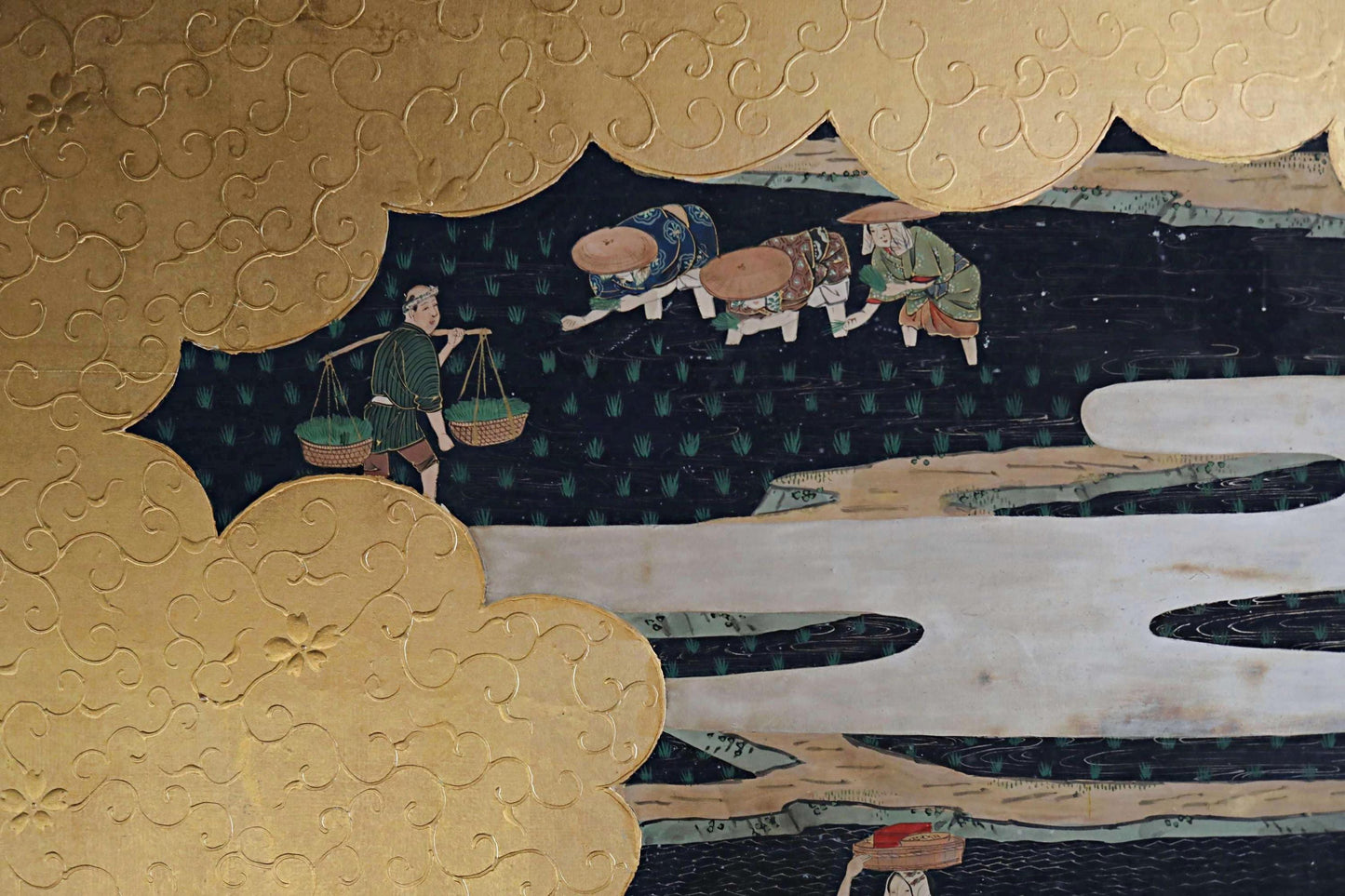 Japanese Folding Screen - Antique Byobu Screen with Gold Leaf Clouds & 1800s Art