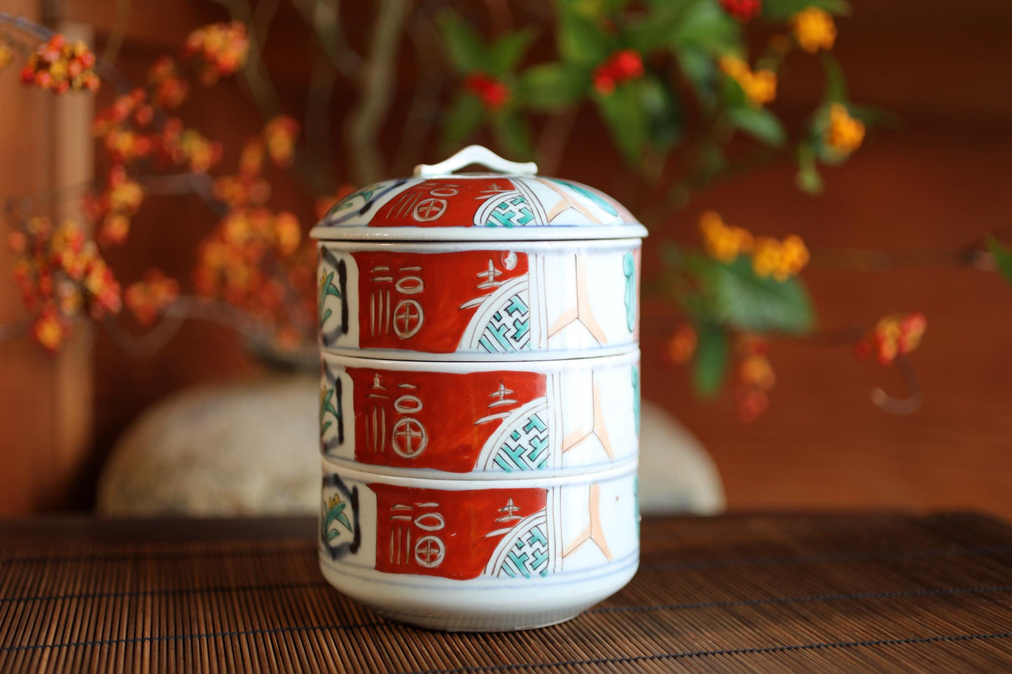 Jubako- Antique Porcelain Box, Seaweed Pattern, Stacking Ceramic Container