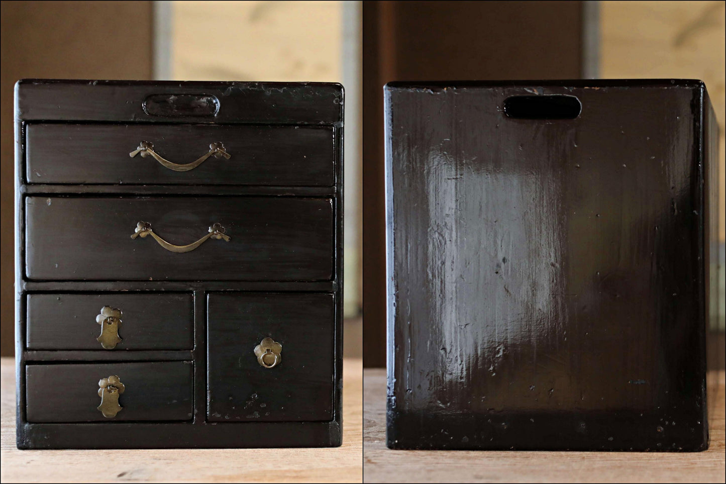 Japanese Tansu Chest - Antique Meiji Period Black Lacquer Five Drawer Cabinet with Metal Clasp