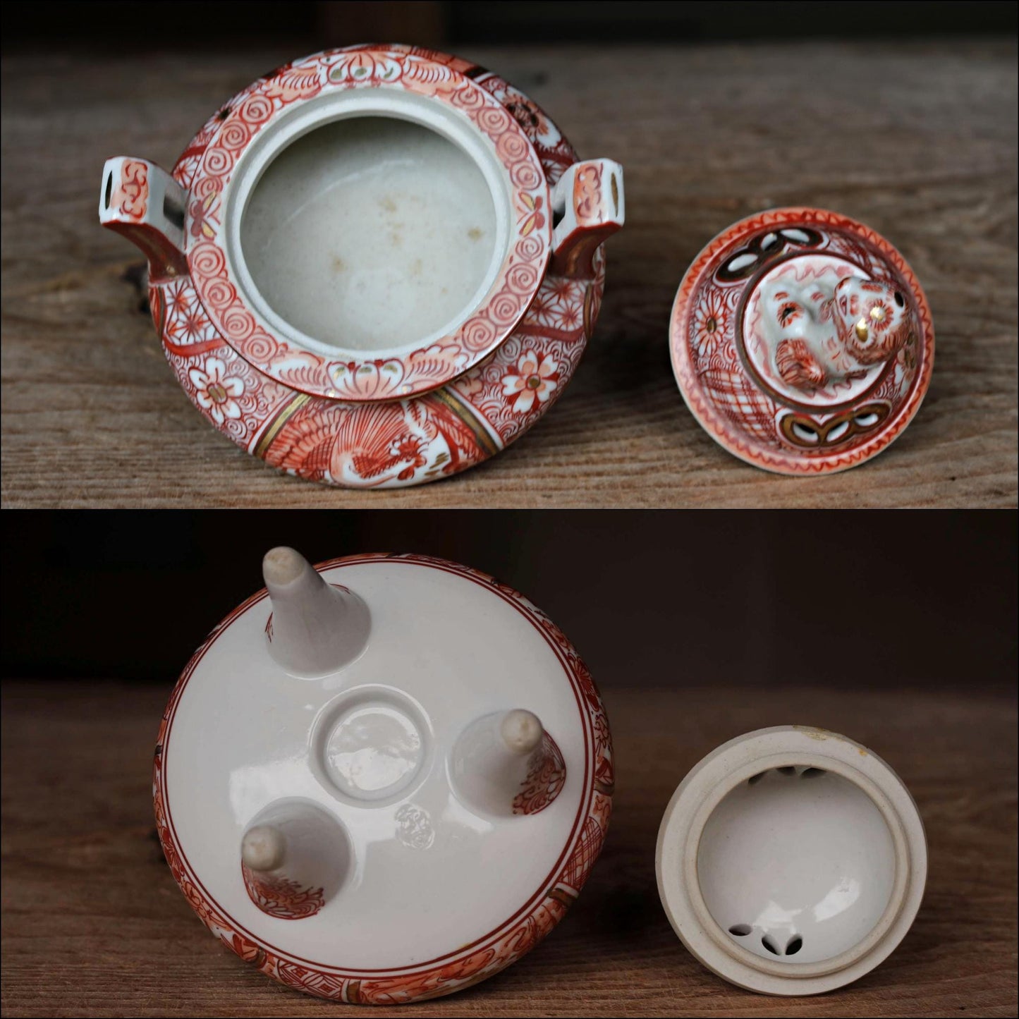 Kutani Antique Censer - Hand Painted Red Gold Lion Phoenix Incense Burner