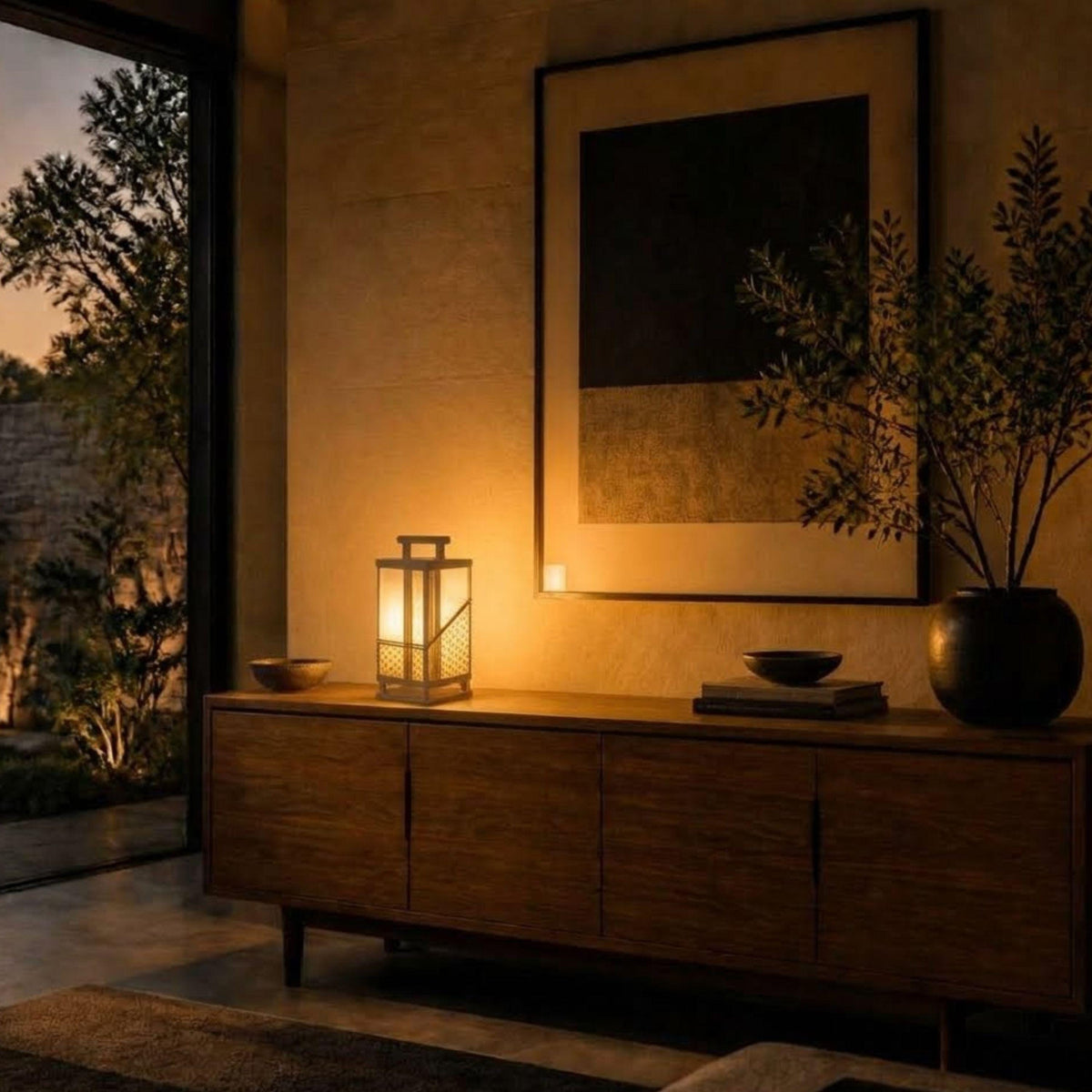 a cozy living room with a wooden cabinet, a lantern, and a framed artwork on the wall. The room is illuminated by warm lighting, creating a serene and inviting atmosphere.