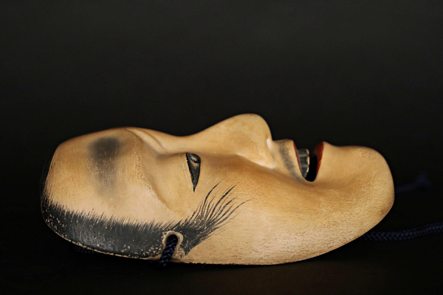 Antique Japanese Noh Mask - Chujo Samurai Hand Carved Wood Carving Art with Silk Bag