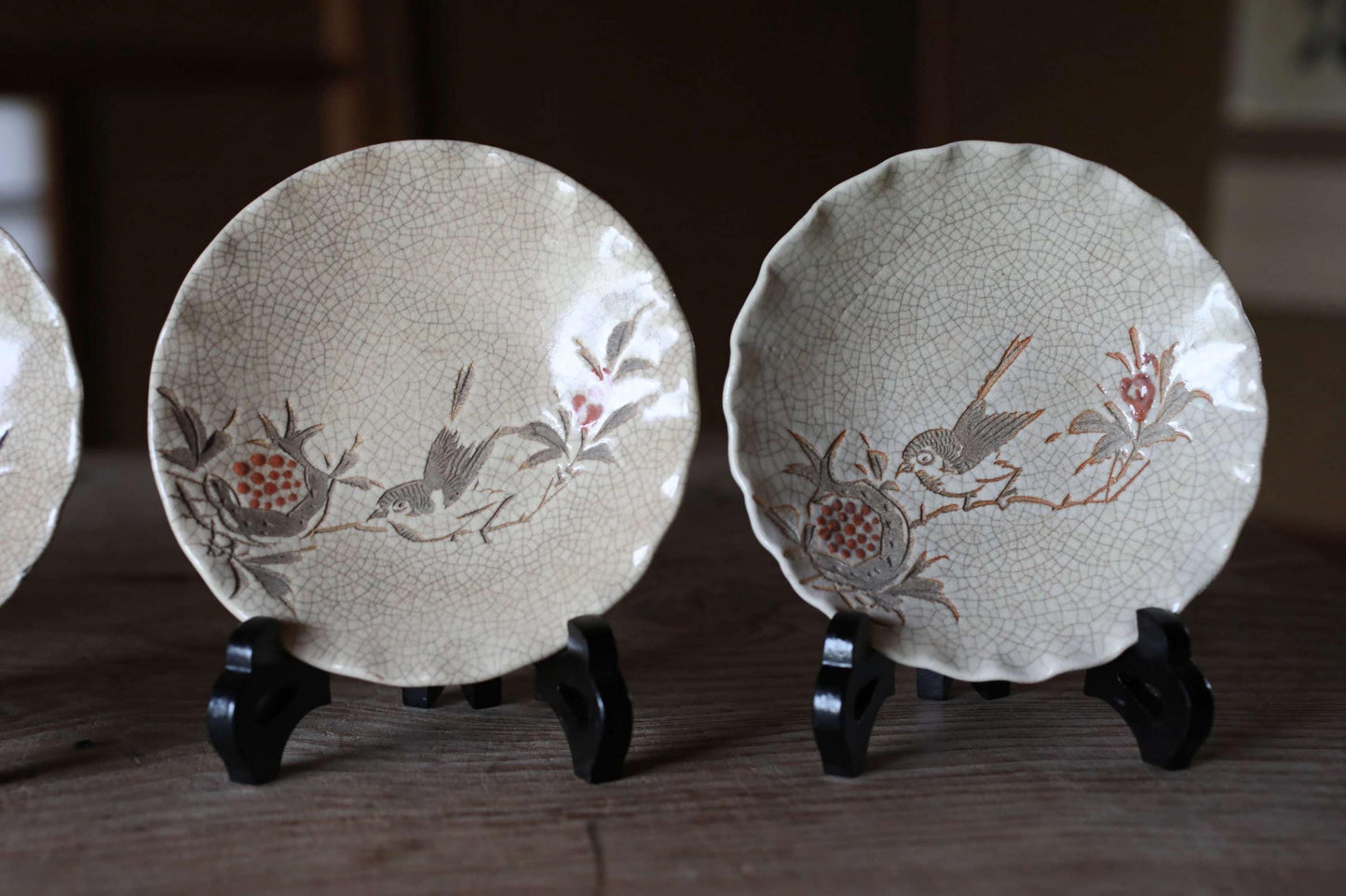 Shino Plates Set - Japanese Antique Tableware | Bird Pomegranate Design, 5 Handmade Ceramic Plates